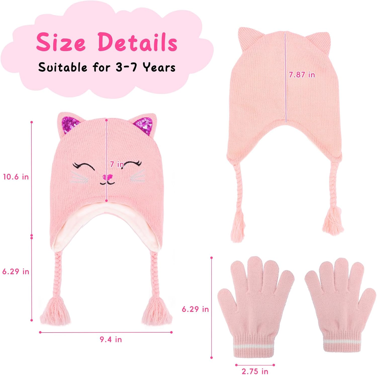 Girl Knit Cat Ear Beanie Hat and Glove Set Kids Winter Earflap with Braided Ski Skull Cap Mitten Set Age 3-7 - Image 3