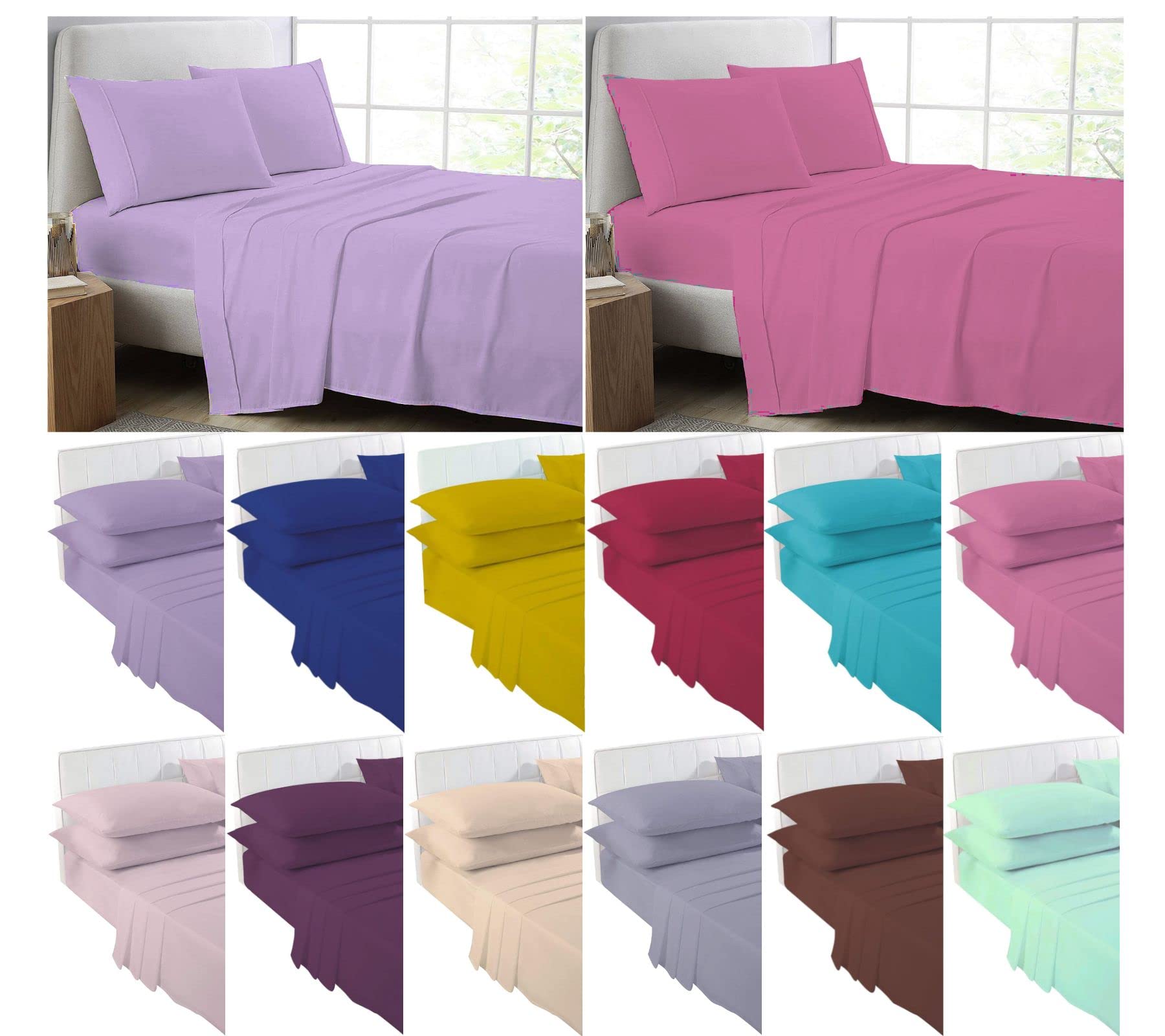 Non Iron Plain 4pc Sheets Set (Fitted Sheet, Flat Sheet, Pair of Pillowcases) Easy Care Polycotton Percale Quality Bedding Sets (Black, King)