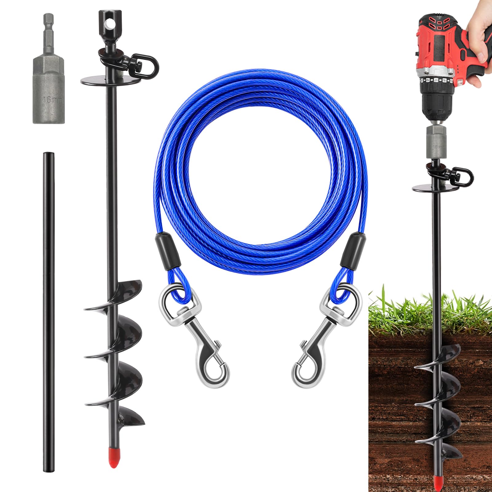 Heavy Duty Dog Tie Out Cable and Stake,30FT Rust Proof Dog Tether Leads for Yard,360&deg;Swivel Spiral Dogs Stake&Chain Up to 200 lbs, Ground Anchor for Outdoor Beach Camping