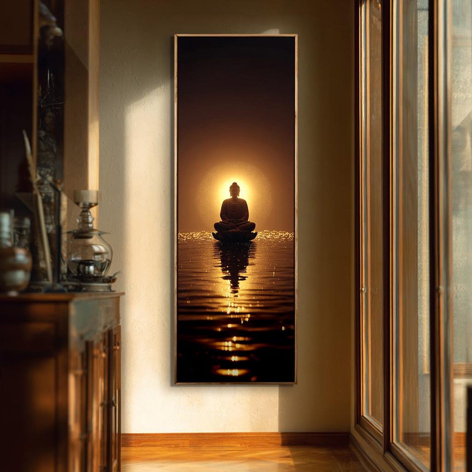 XINBAO Cuadro alto y estrecho, lienzo grande de Buda para pared, pintura de Buda larga y delgada, lámina espiritual vertical para la decoración de una sala de yoga (60x180cm/marco interior).