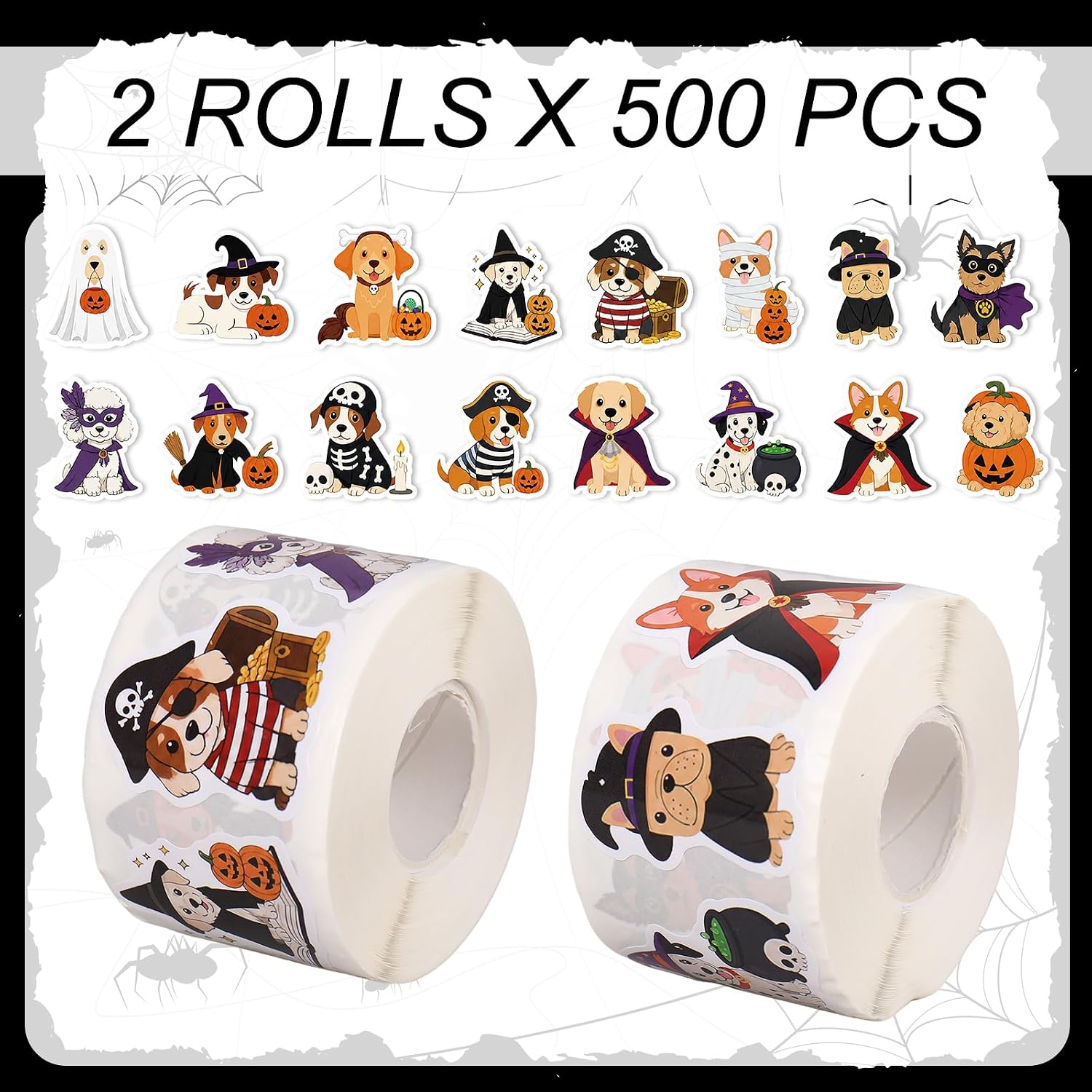 FYSUIMU 1000 Pcs 2 Rolls Halloween Dog Stickers Dress Up Pumpkin Witch Puppy Self-Adhesive Decals Labels for Craft Gift Envelope Scrapbook Halloween Party Decor, 1.5 Inch