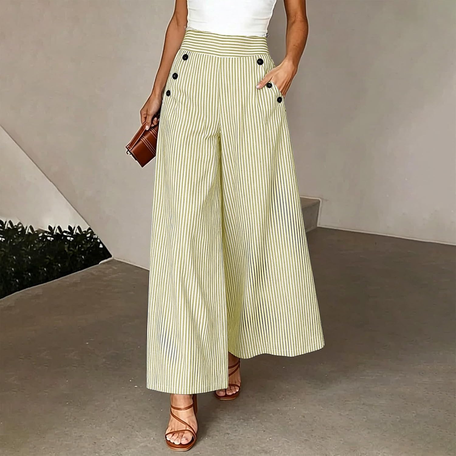Womens Striped Wide Leg Pants High Waisted Double Button Draped Pants Trendy Casual Office Palazzo Trousers 2026