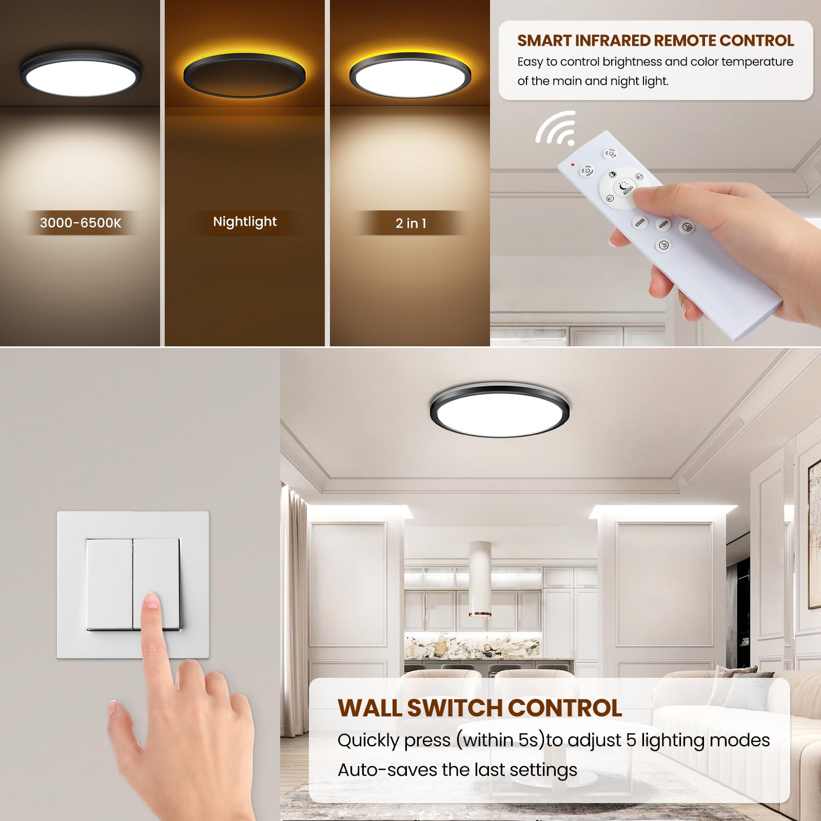 ONEWAY LED Ceiling Lights for Bedroom,24W 2400lm Dimmable Bathroom Lights Ceiling Lights Living Room with 1800K Night Light & 3000-6500K,Smart Flush Ceiling Light for Kitchen Hallway Officediameter 29CM-Black - Image 4