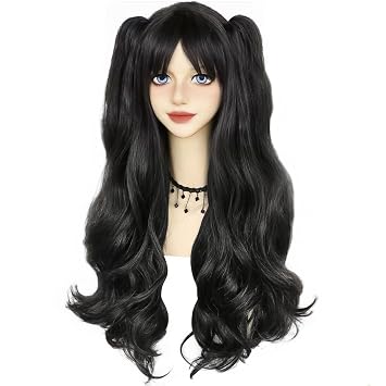 ANOGOL Hair Cap+ Black Pigtail Wigs Clip-on Double Pigtails Wig Long Black Cosplay Wigs for Women Lolita 2 Ponytails with Clips Synthetic Hair for Halloween Costume Party