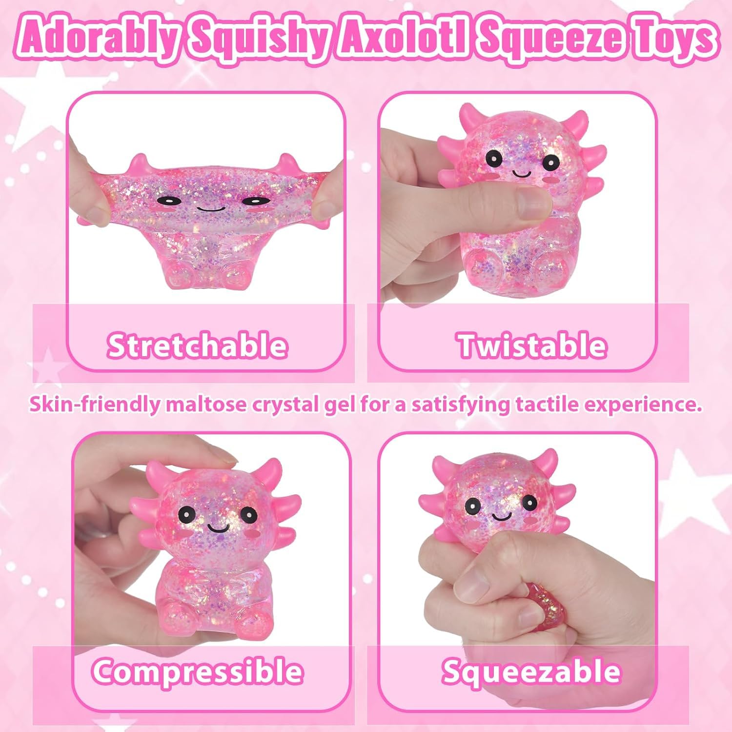 Axolotl Squish-y Stress Relief Toy Glitter Fidget Toys Cute Malts Sugar Axolotl Toy Fidget Toys Adults Fidget-Toy for Kids Youth Adult Party Favors Anxiety Relief Squish-y-Toys #Pink - Image 4