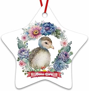 Dinoz Watercolor Merry Christmas Guineafowl Animal Ornament, Floral Animal Ornament Customized Name Ceramic Both Side Printed Star Ornament for Home Keepsake Gift Decoration