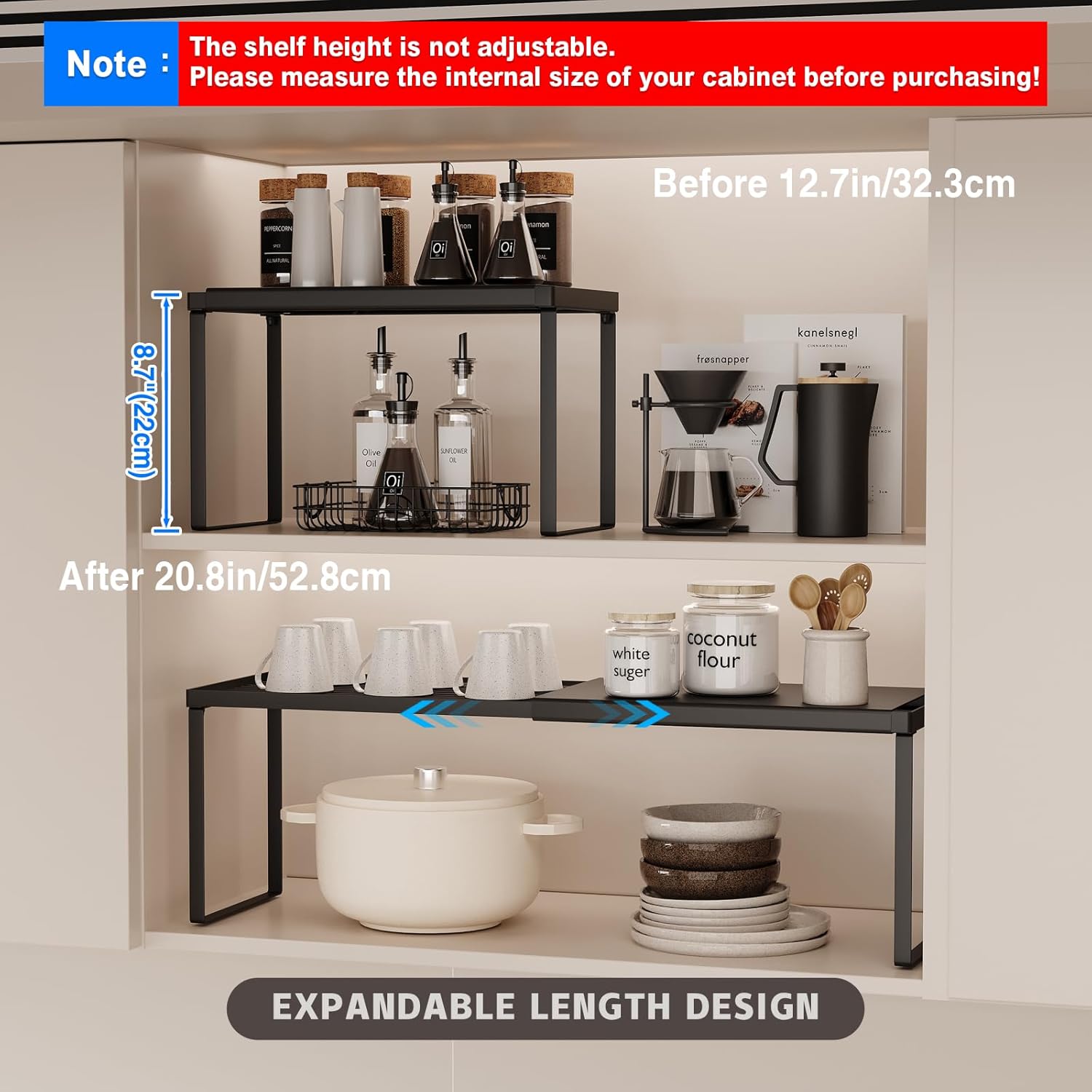 Expandable Cabinet Shelf Organizer, 2 Pack Stackable Kitchen Counter Shelf Riser, Metal Spice Rack Adjustable Heavy Duty Countertop Organizer Storage for Kitchen, Pantry, Cupboard, Rv (Black)