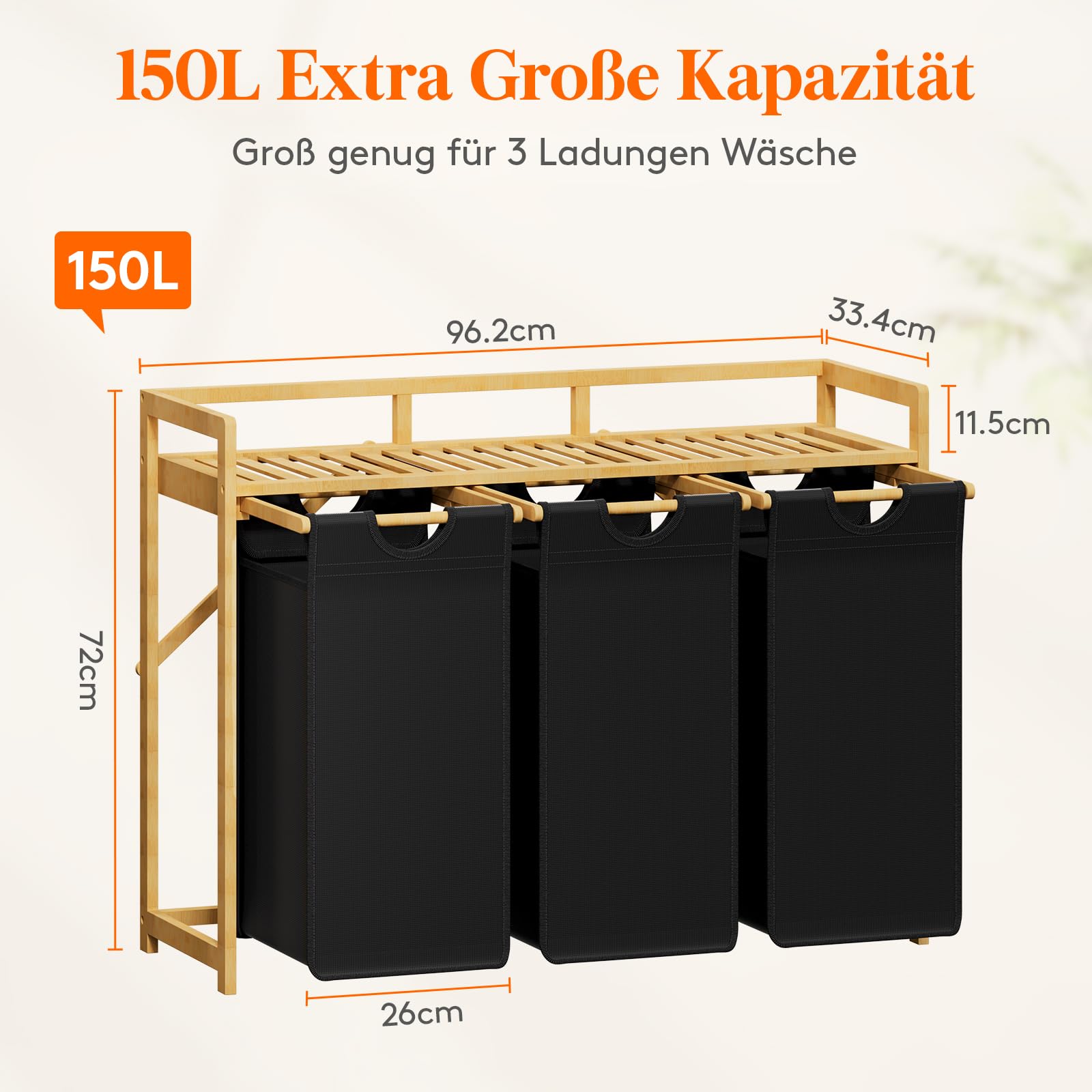 Lifewit 150L Wäschekorb mit 3 Fächern, Bambusrahmen und Ablage, Schwarz | Wäschesortierer mit 3 herausnehmbaren Wäschesäcken, Wäschesammler für Kleidung, Handtücher und Spielzeug