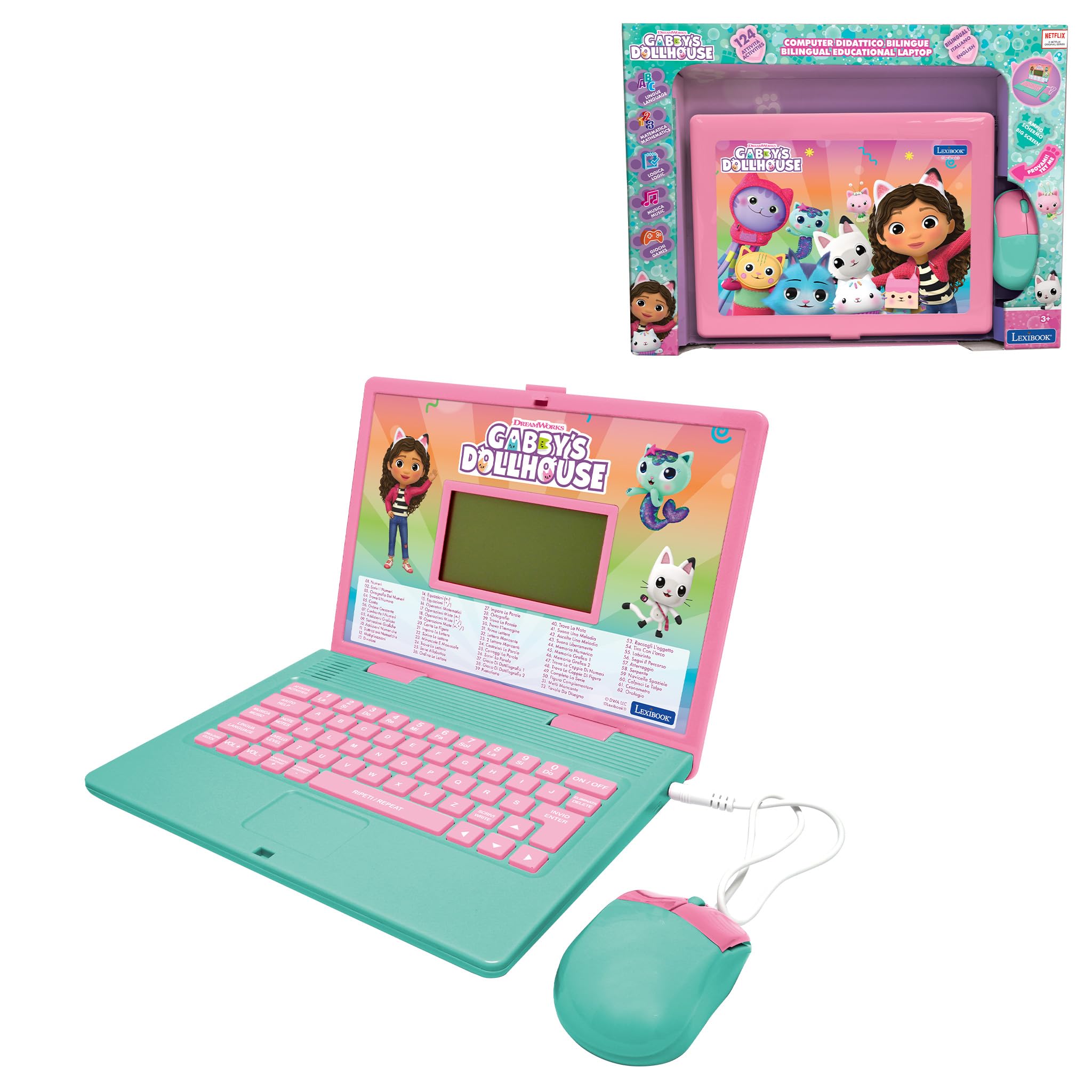 Lexibook, Gabby's Dollhouse, Bilingual ENGLISH/ITALIAN Educational computer, Toy for children with 124 language, writing, maths, logic, music activities and games, Pink/blue, JC598GDHi5LXB
