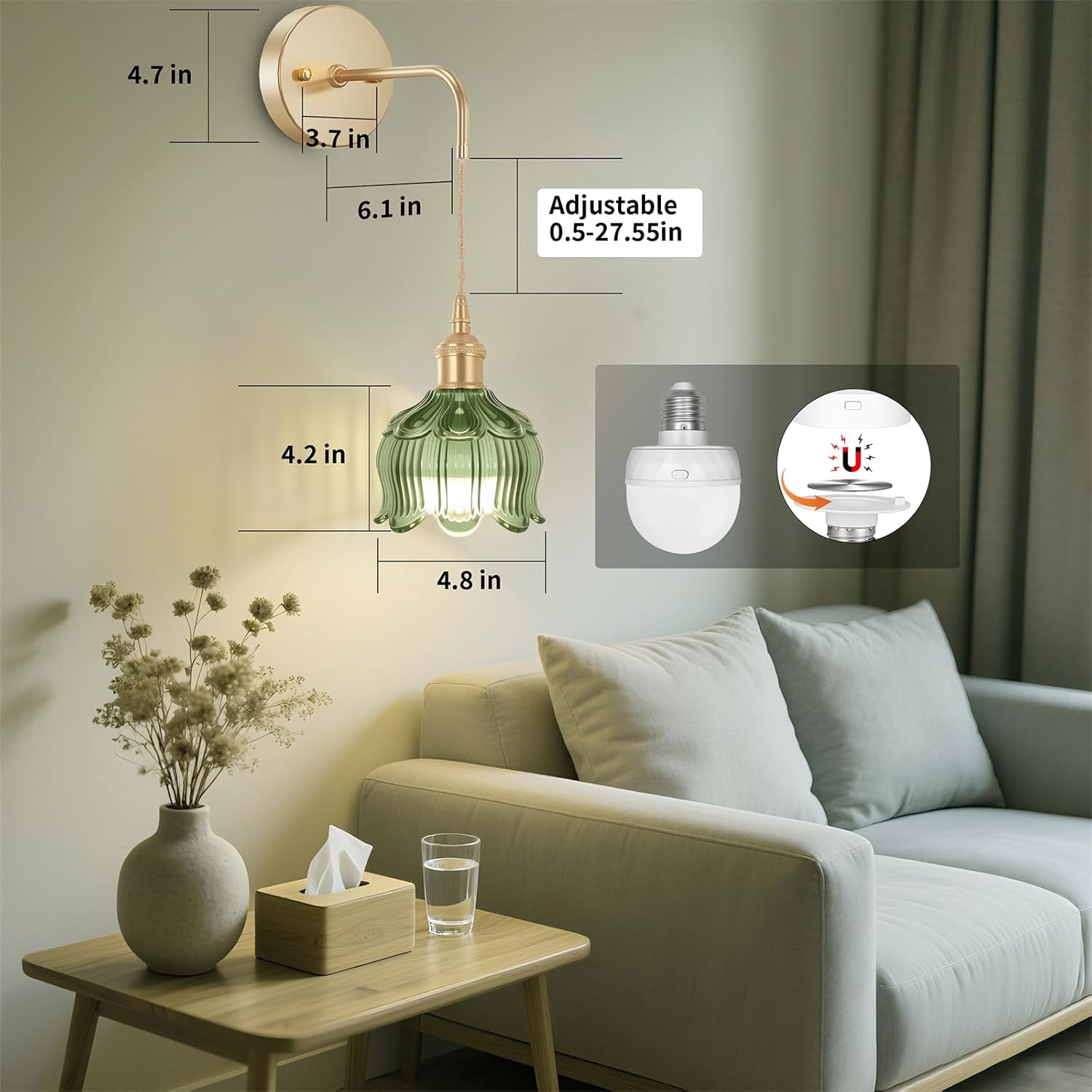 Battery Operated Wall Sconces CCT Dimmable Wireless Sconces Set of 2, Vintage Light Fixture with Green Flower Glass Lampshade Wall Decor Set of 2 for Living Room Bedroom Bedside Bathroom