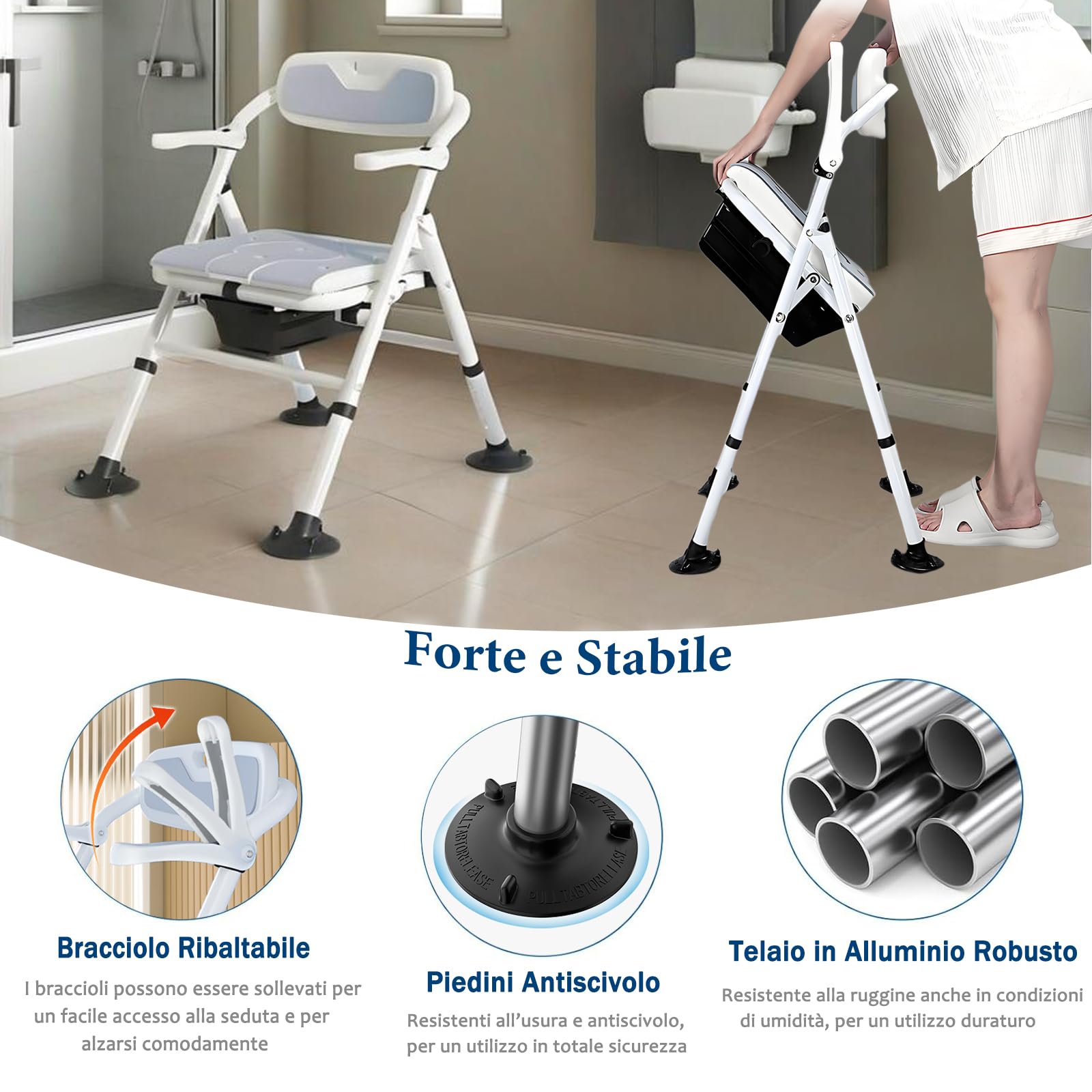 Comoda WC per Anziani, Sedia Doccia Anziani Pieghevole in Alluminio, Sedia Water Portatile Adulti Regolabile in Altezza con Braccioli Ribaltabili e Piedini Antiscivolo