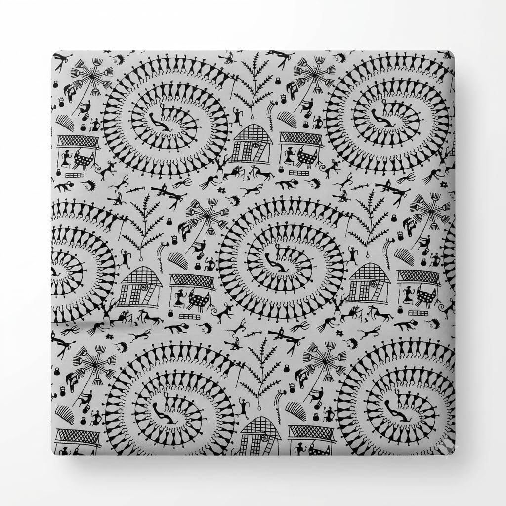 White Madhubani Print Pure Cotton Fabric 2.5 Mtr | Tribal Art Pattern, Black & White Design, Dress Making Fabric, Unstitched Cloth, Warli Inspired Print-image-20