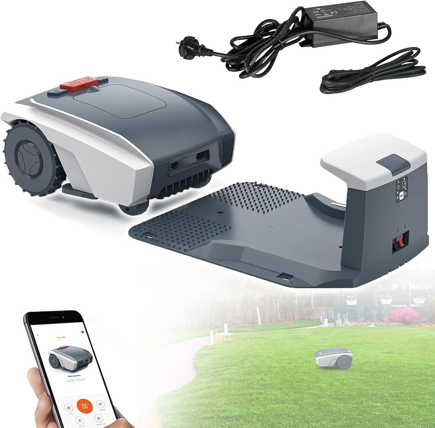 Cortadora de césped robótica automática: corta hasta 1500 m2, con pendiente del 30%, corte ultrasilencioso, césped cuidado, con sensor de lluvia, control de aplicación Bluetooth