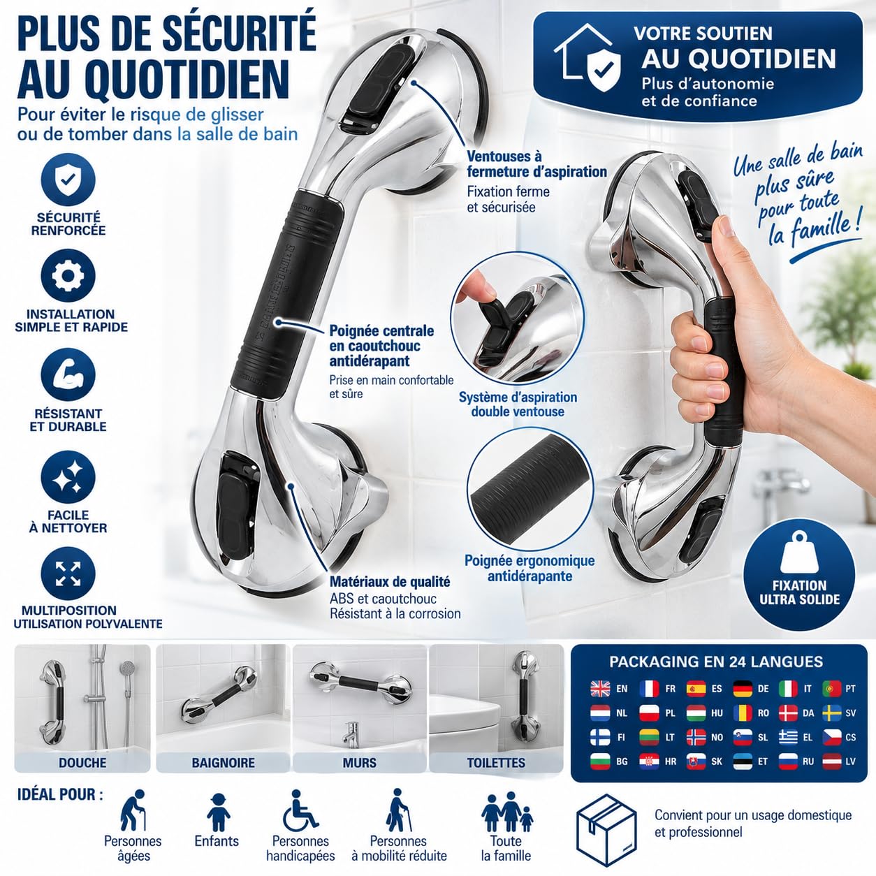 Poignée de Douche à Ventouses pour Salle de Bain avec Indicateur de Sécurité - Barre d'appui avec poignée anti-dérapante - Poignée de douche amovible avec ventouse - Barre murale - Chrome (1)