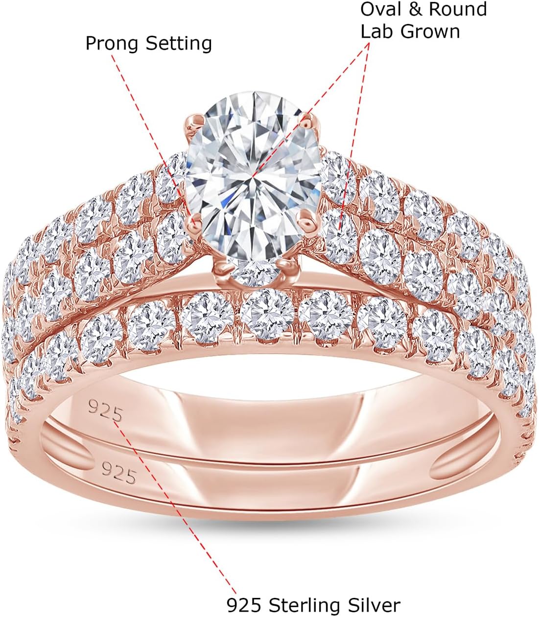 Bridal Ring Set For Women, 2.00 Carat Oval & Round Shape Lab Grown Diamond Double Row Promise Wedding Ring Set In 14K Gold Over Sterling Silver Jewelry Gifts For Her (2.00 Cttw)