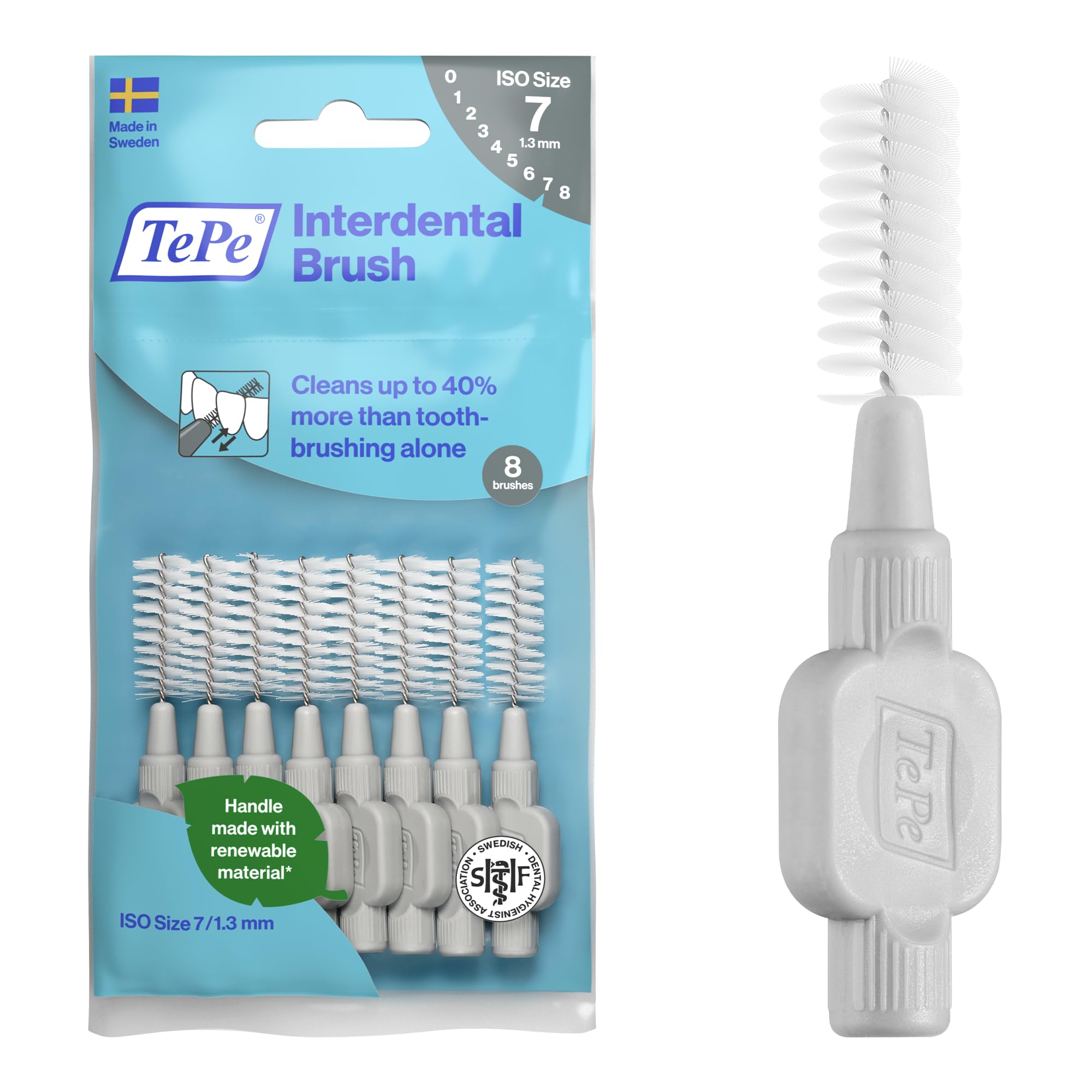TePe Interdental Brush, Original, Grey, 1.3mm/ISO 7, 8pcs, efficient Cleaning Between Teeth, Plaque Remover and Dental flosser for Wide Gaps