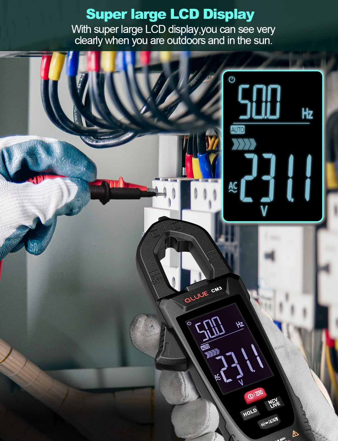 Clamp Medidor de tensión, multímetro CA/CC, prueba de voltaje con comprobador automático NCV, medición de corriente, temperatura, capacidad, resistencia, continuidad
