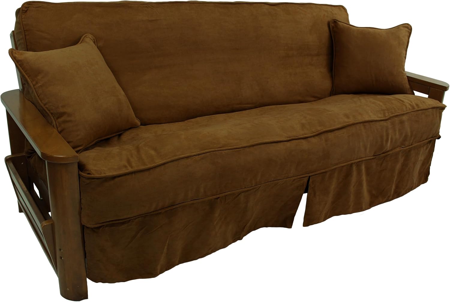 Blazing Needles Solid Microsuede Double Corded 8" to 9" Futon Slipcover Set with 2 Throw Pillows (Set of 3), Full, Saddle Brown