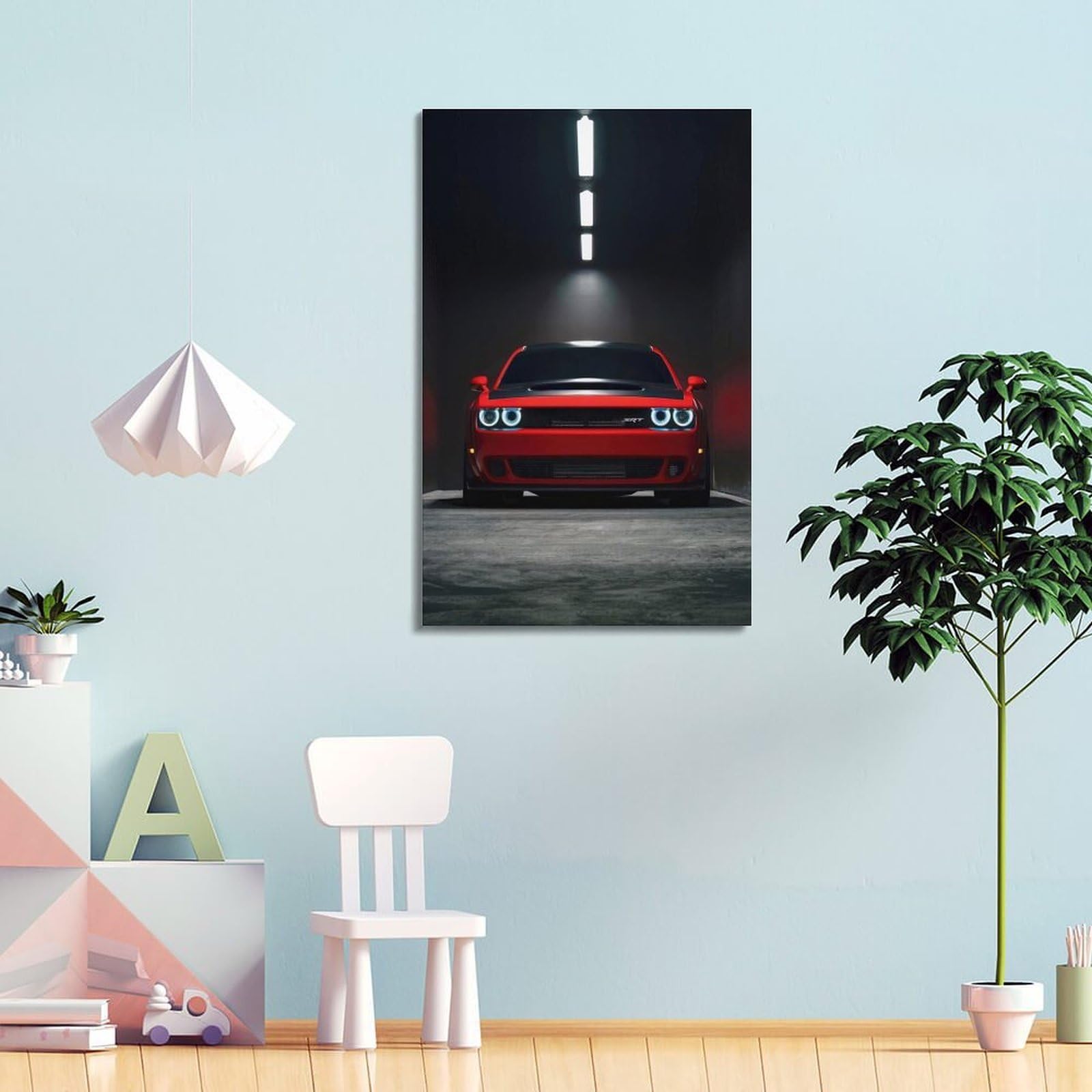 Poster con auto muscolosa Challenger SRT American Automotive Underground Garage Lighting, poster decorativo da parete su tela e stampa artistica moderna per camera da letto, poster decorativo per la