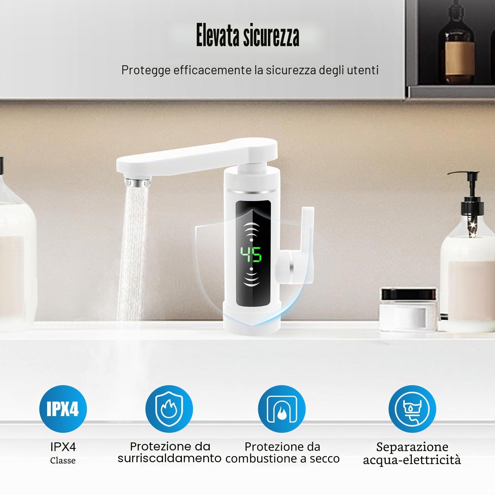 MINRS Rubinetto con scaldabagno istantaneo Rubinetto elettrico con indicatore di temperatura a LED, 3 secondi, riscaldamento rapido elettrico per casa, hotel, ristorante e altri luoghi