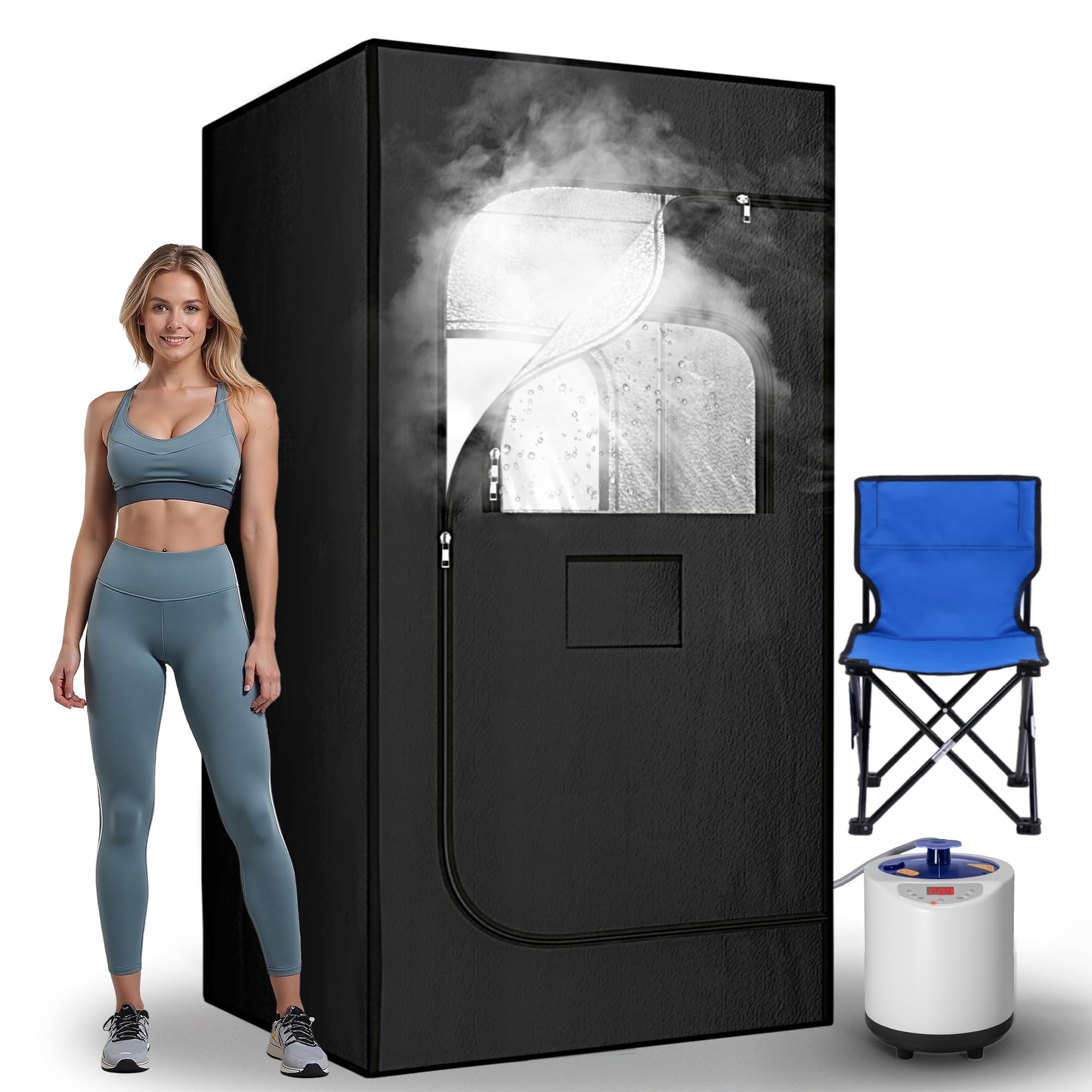 Portable Steam Sauna, Fast Heating Foldable Sauna for Home, Sauna Box for Indoor Dry Sauna Spa, Personal Sauna with Remote Control, Folding Chair and Carpet, (Oxford Cloth, Black)