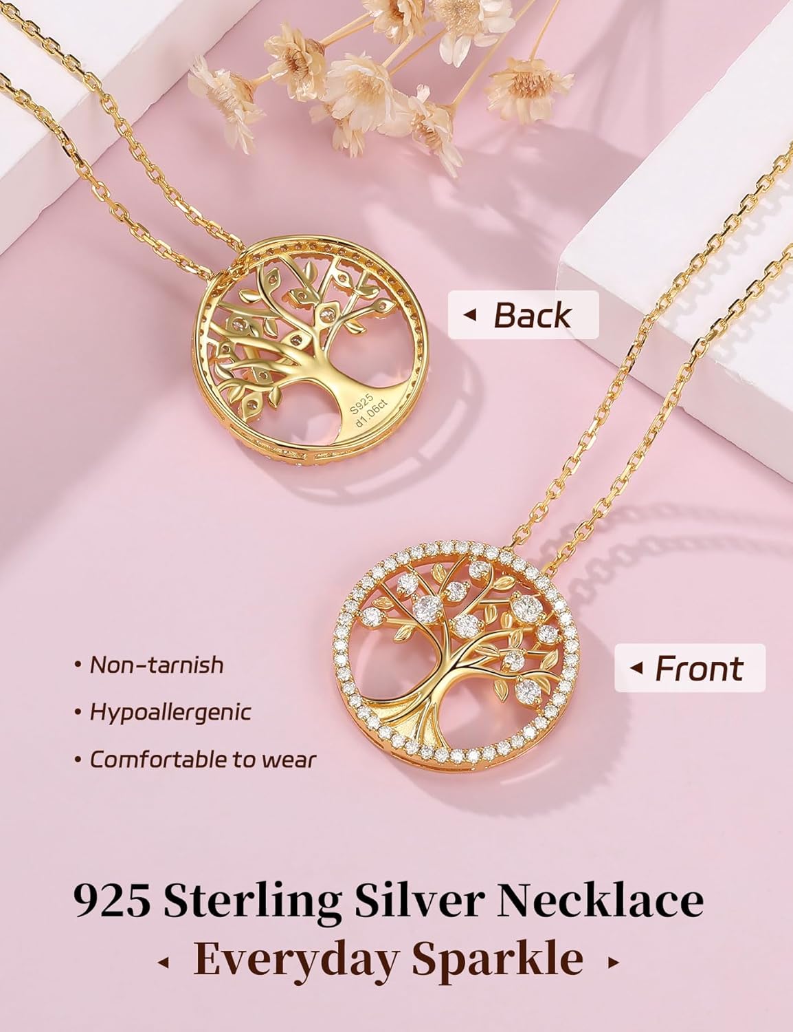 Ladylike Tree of Life Moissanite Necklace for Women, 925 Sterling Silver Pendant Necklaces, D Color VVS1 Moissanite, Anniversary Birthday Christmas Gifts for Wife Mom Mother Grandma