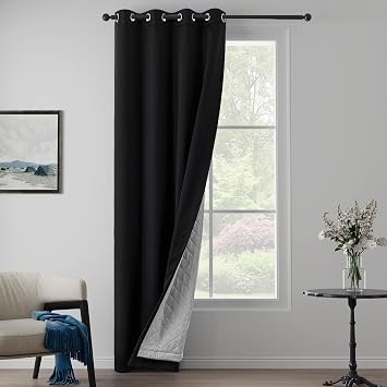 Black 3-in-1 Heavy Soundproof Curtains 100% Blackout Window Drapes Grommet Doorway Curtains Heat Insulating Winter Curtains for Bedroom Living Room 1 Panel, Black, 50" x 96"