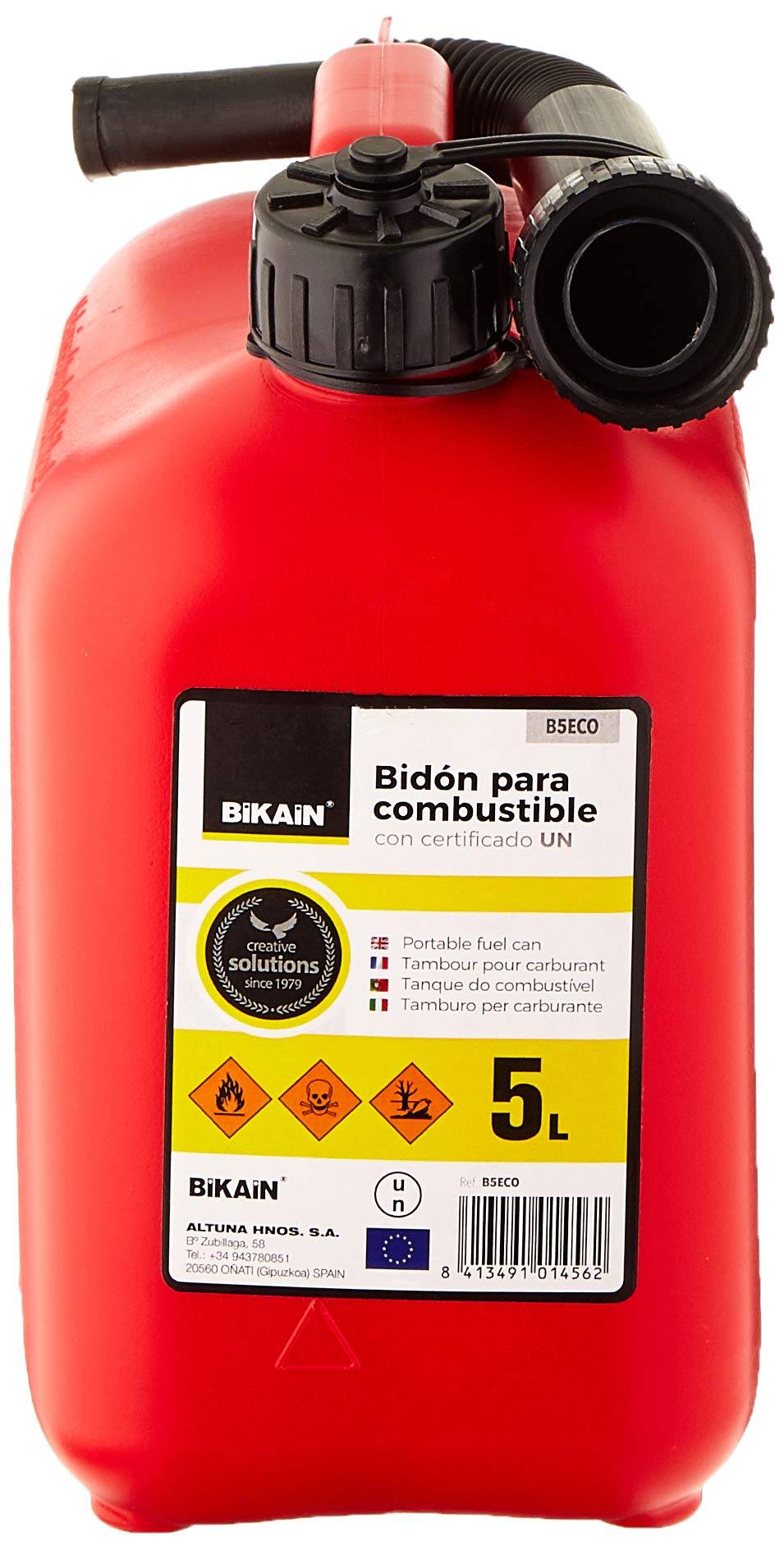 Kanister na benzynę – 5 l – wykonany z polietylenu – odporny na dodatki paliwowe – z wężem – certyfikat UN – model B5ECO – Bikain
