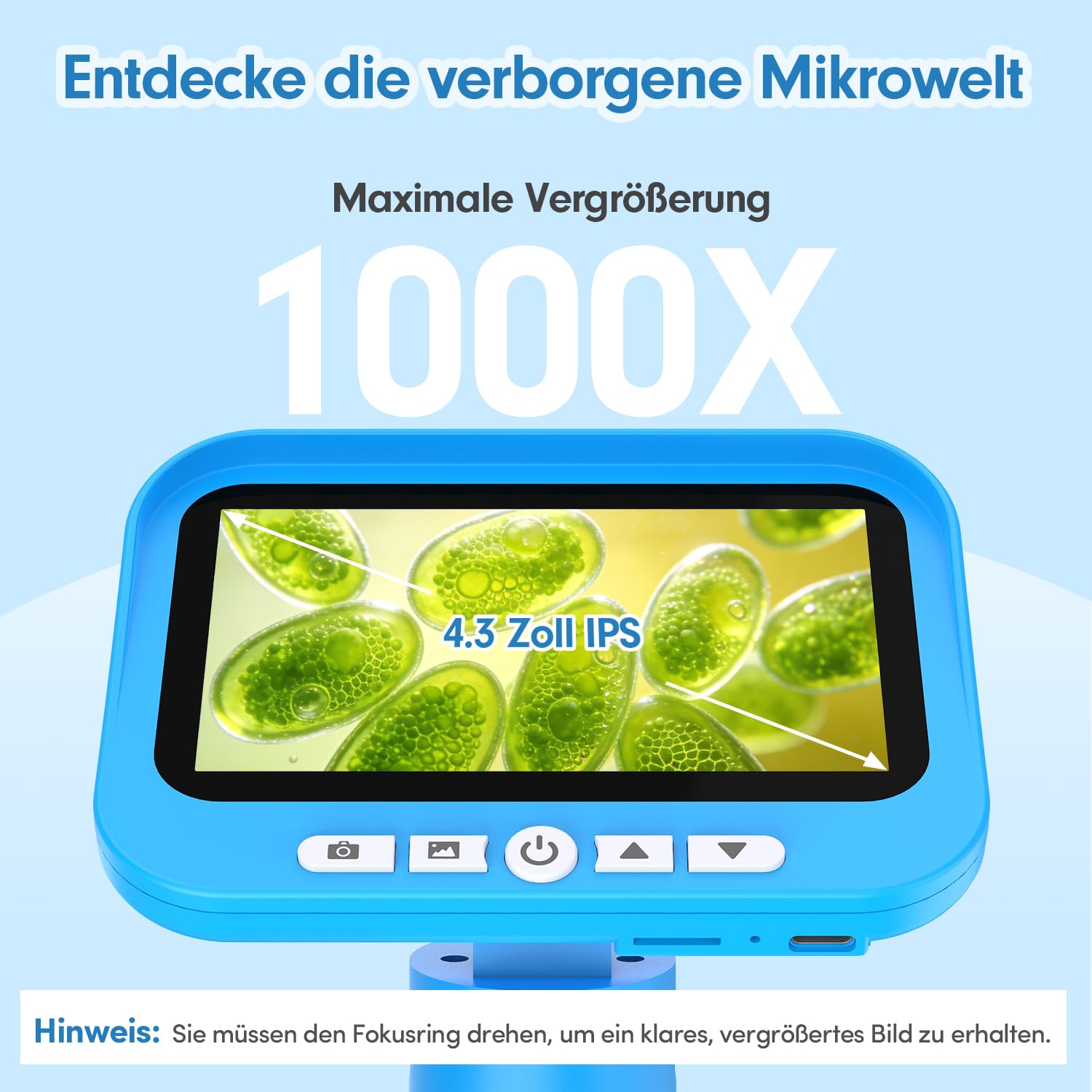 FINIBO Cyfrowy mikroskop dla dzieci, powiększenie 1000x, duży ekran 4,3 cala, mikroskop dziecięcy do nauki i eksploracji, z funkcją nagrywania zdjęć i filmów przez USB