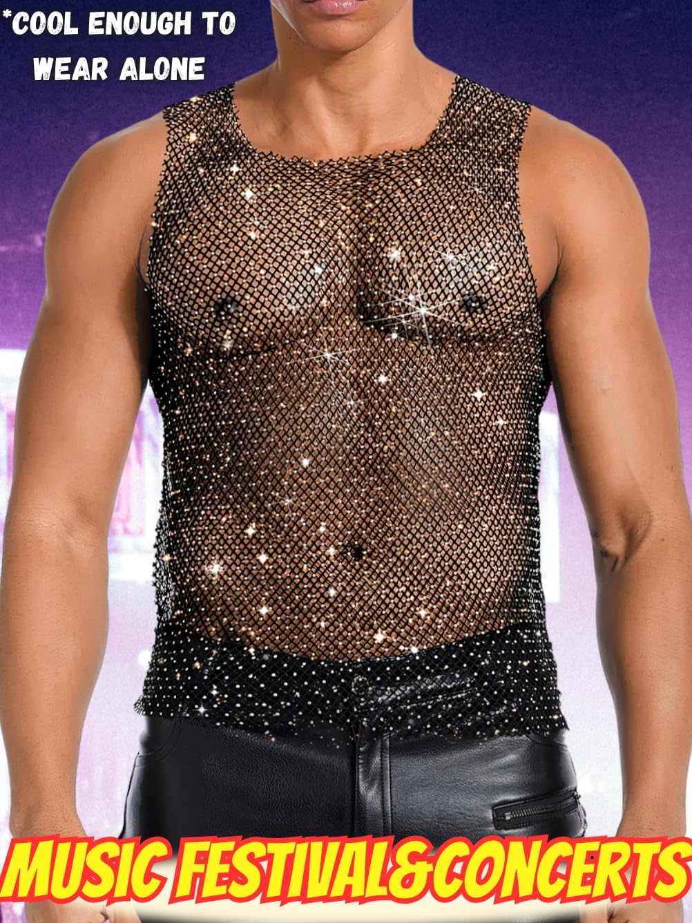 Rhinestones Rave Outfits, Sparkly Mesh Tank Tops, Men's Sexy Sheer Fishnet Shirt for Music Festival - Image 6