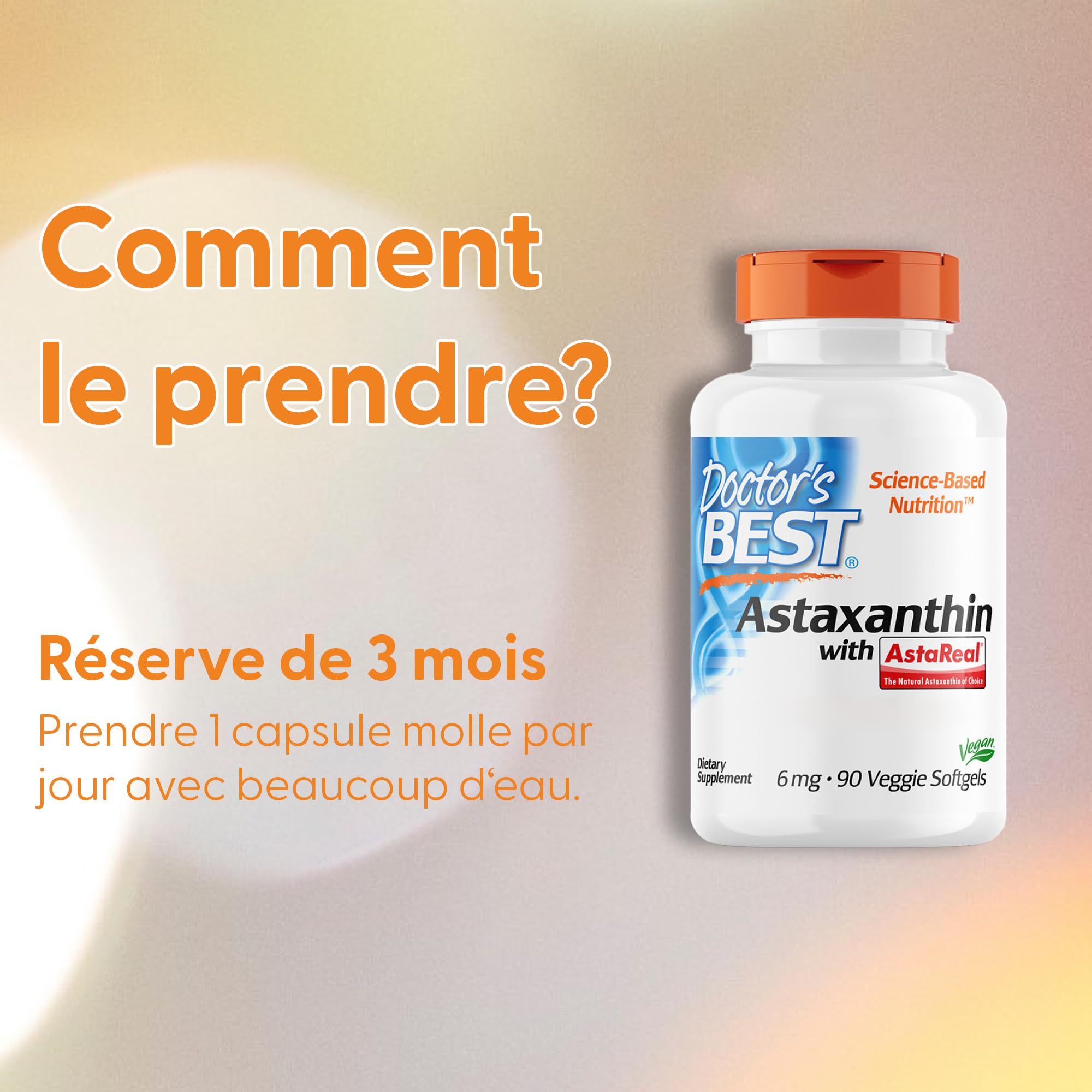 Doctor's Best, Astaxanthine with AstaReal, 6mg, 90 Capsules molles, Haute Dosé, Sans Gluten, Sans Soja, Sans OGM