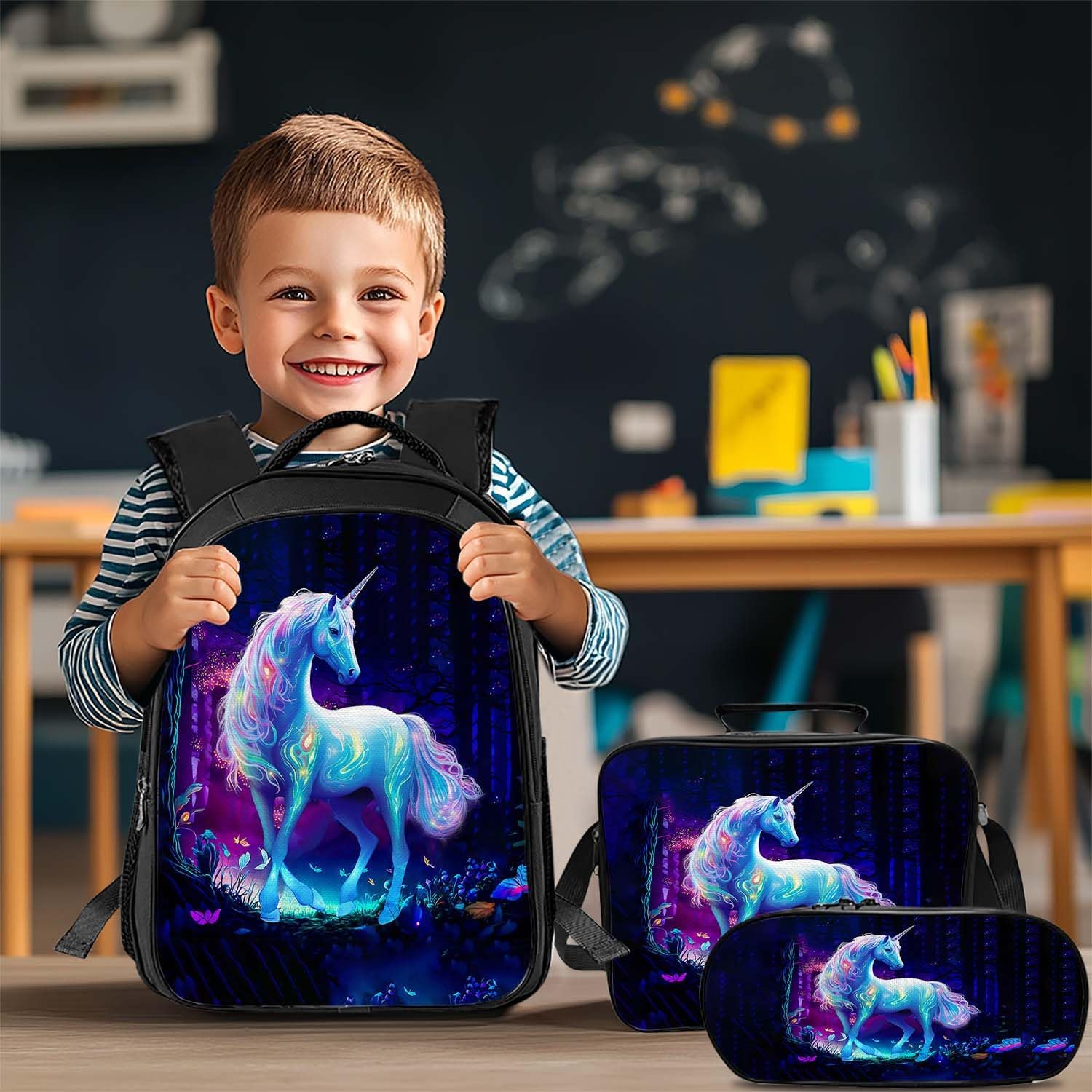 Unicorn Backpack 3PCS 16" Preschool Elementary Schoolbag with Lunch Box Pencil Case Bookbag Set for Girls Kids Children Teens School Students - Image 3