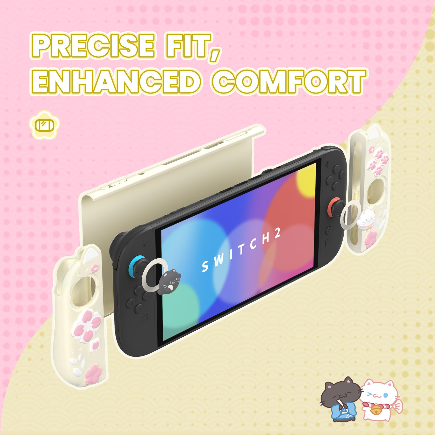 PlayVital Cherry Blossoms Kitten Protective Case for Nintendo Switch 2 with Stand | Cute Cat Ear & Paw Silicone Grips, Dockable Hard Shell, 2 Joystick Caps, Full-Body Protection Cover - Antique Yellow - 3