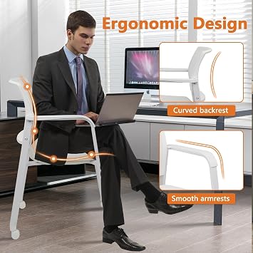 CLATINA Stacking Office Chairs with Wheels | Mesh Back, Thicken Leather Seat and Streamline Armrests, Ergonomic Lumber Support | School, Desk, Guest Reception, Waiting, Conference, White
