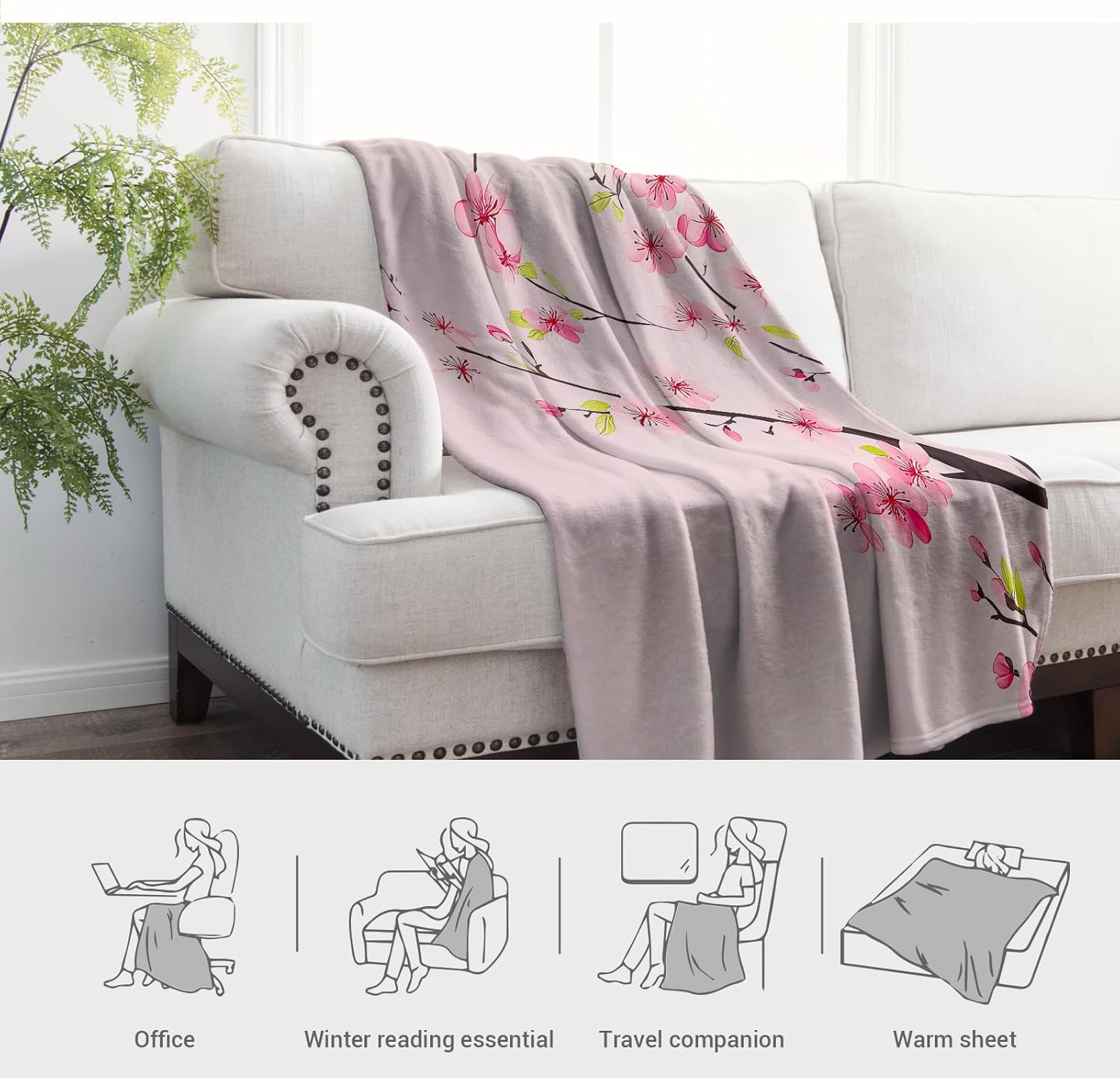 Jekeno Cherry Blossom Gifts Blanket for Women Girls Mom Birthday Christmas Pink Cherry Blossom Branches Flower Print Present Decor Home Sofa Couch Bed Room Soft Cozy Plush Throw for Kids Adult 50"x60" - Image 6