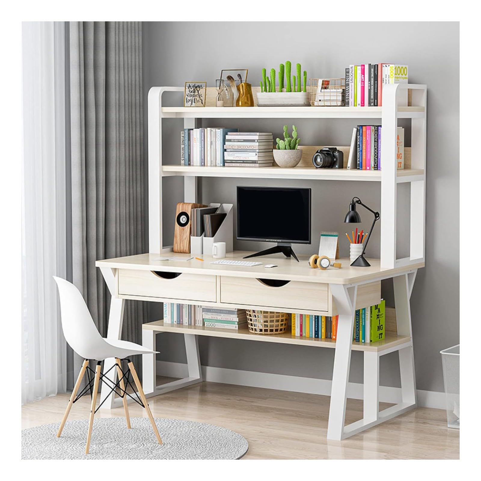 Wdsopk Natural Computer Desk Home Office Desk Computer Desk With Storage Shelves And 2 Drawers Home Office Desk With Sturdy Metal Frame Writing Study Workstation For Home（-31 In）