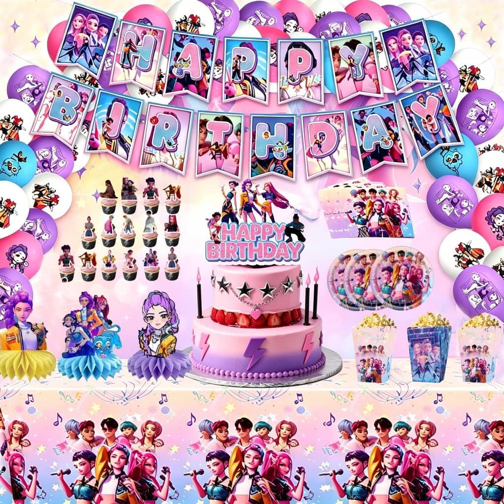 Kpop demon Hunter Birthday Party Supplies and Decorations for 16 Guests – Banner 9” Plates, Tablecloth, Cake Topper, Cupcake Toppers, Popcorn Boxes, Napkins,4 Honeycomb Centerpieces &10 Balloons