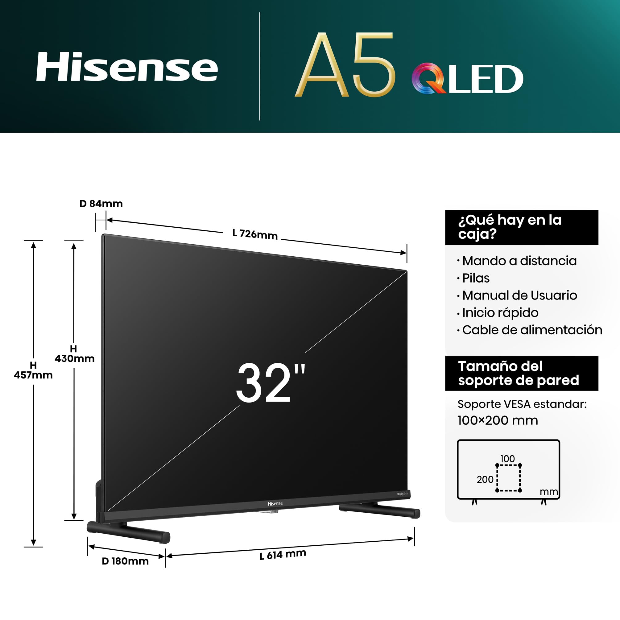 Hisense 32A5NQ - QLED TV, 32 Pulgadas, Dolby Atmos, Modo Juego, Entrada Tipo C, Peana con Doble posición, función Compartir en el televisor, DVB-T2, Auto ordenación Canales TDT (Nuevo 2024)