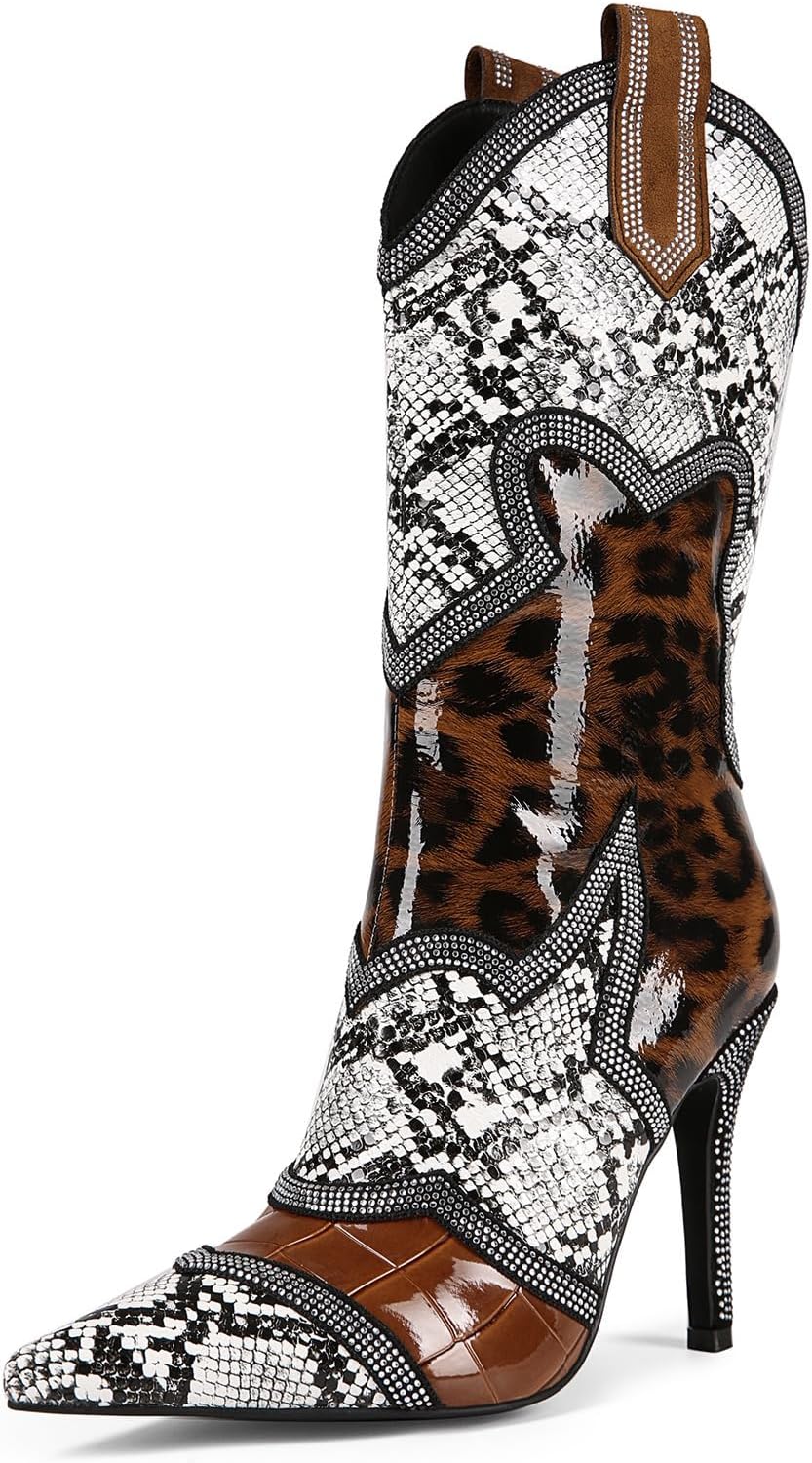 Feinlina Women's Snakeskin Pointed Toe Booties Stiletto High Heel Fashion Rhinestone Mid-calf Boots for Clubs