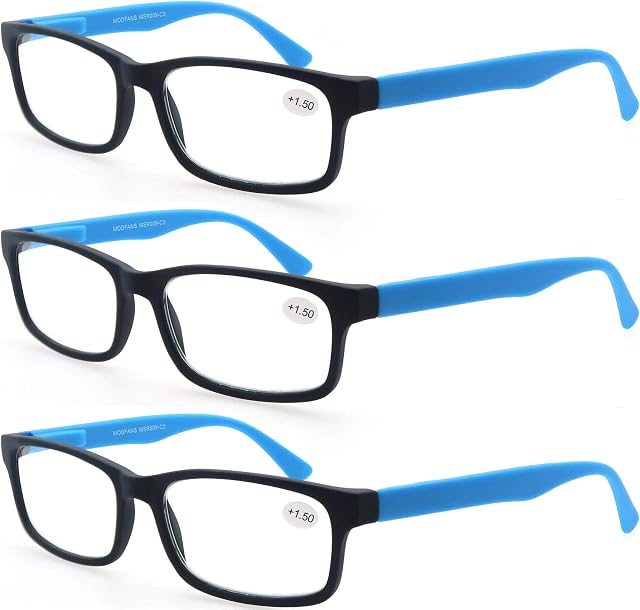 MODFANS Reading Glasses 1.0 Men Women 3 Pack,Rectangular Clear Lens Comfort Spring Hinge Eyeglasses,Stylish Lightweight Plastic Readers with Pouch (3 Blue)