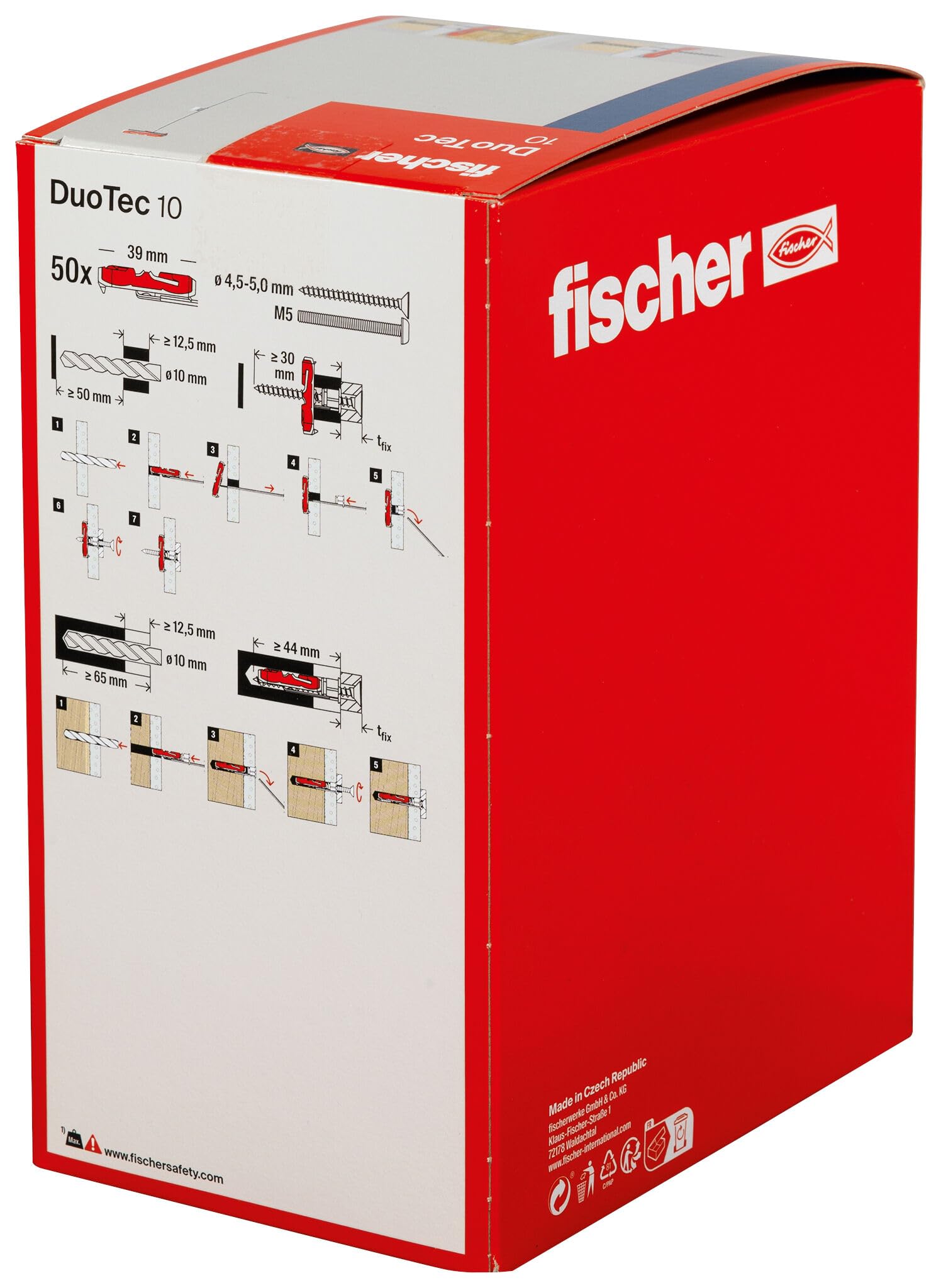 fischer DuoTec 10, Nylon-Kippdübel für hohe Lasten in allen Plattenbaustoffen, 2-Komponenten-Dübel, Hohlraumdübel zur Befestigung in Gipskarton-, Gipsfaser-, Holz- & Stahlplatten uvm., 50 Stück