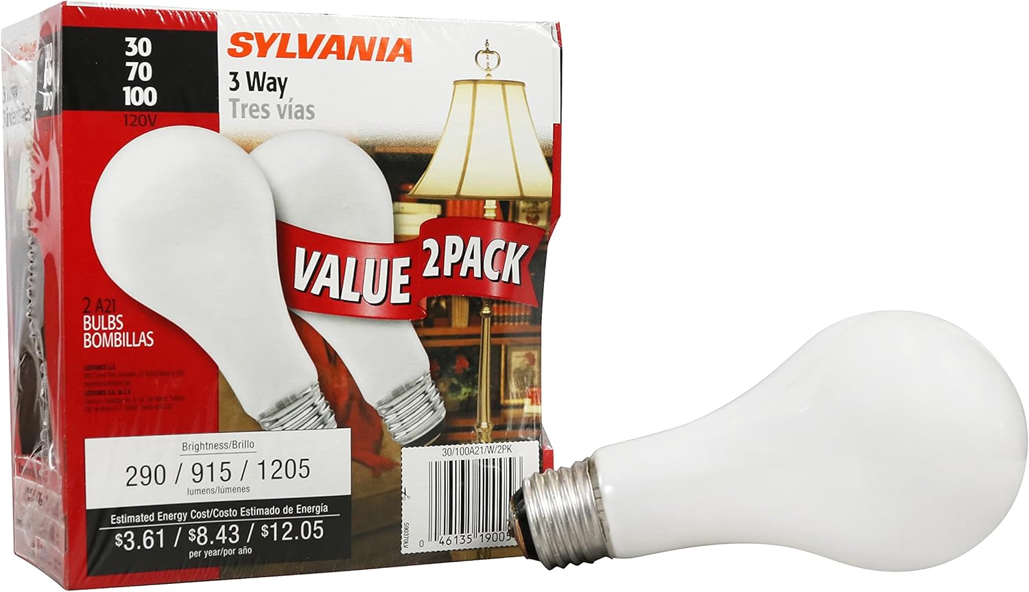 SYLVANIA Incandescent 3-Way A21 Light Bulb, 30W/70W/100W, 3-Contact Medium Base, 2700K Soft White - 2 Pack (15944)