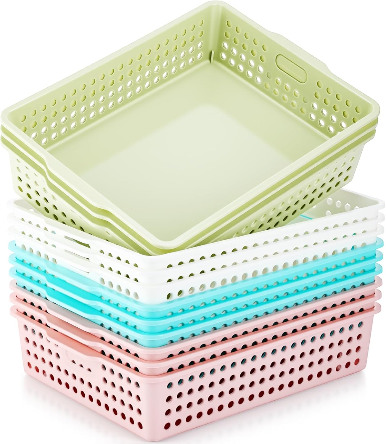 Briwooody 12 Pack Extra Large Plastic Storage Baskets Bins for Classroom Organization Colorful Containers A4 Papers Trays for Pencils Arts Crafts Office School Suppliers, 13.98” x 10.43” x 3.15”