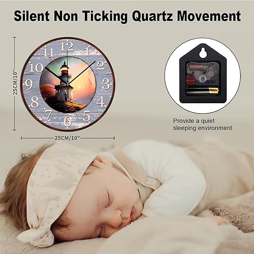 Miniatura 2 de Reloj de pared con temática de playa, reloj de pared decorativo Shabby Chic Retro de 10 pulgadas, reloj redondo de cuarzo, funciona con pilas,