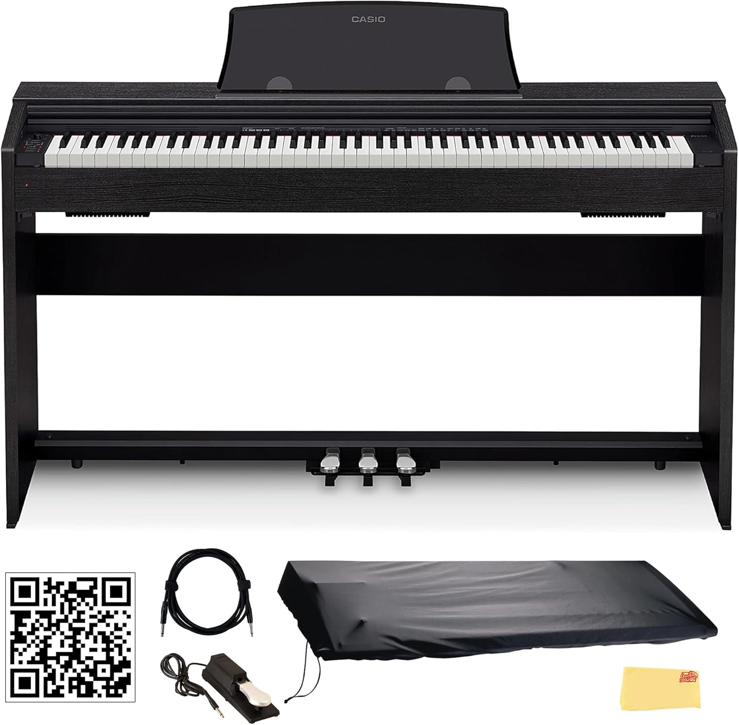 Casio Privia PX770BK 88-Key Digital Piano - Black Bundle with Sustain Pedal, Cover, Cable, Online Piano Lessons, Austin Bazaar Instructional Video and Polishing Cloth