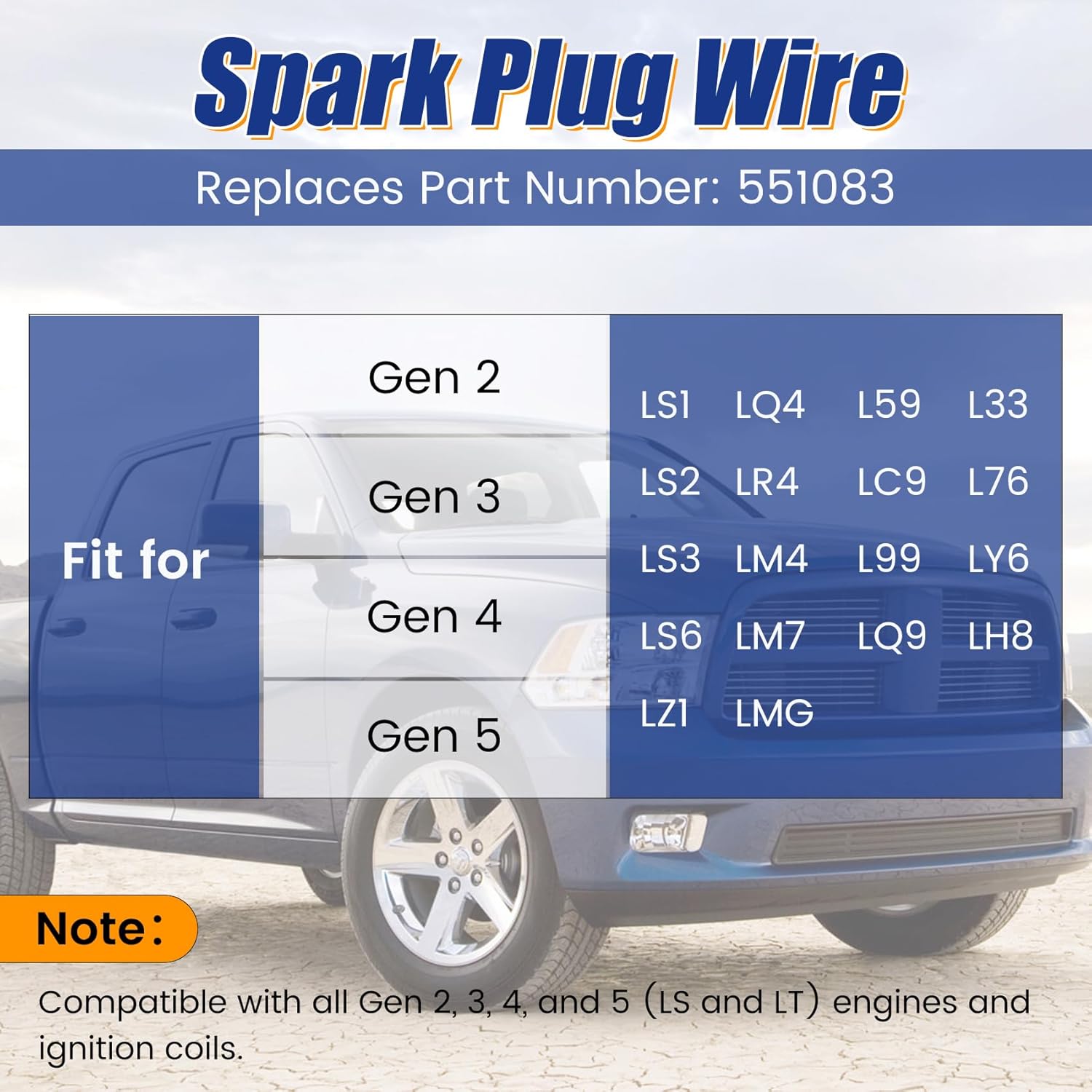 Replace 551083 Spark Plug Wire Set Compatible with LS1 LQ4 L59 L33 LS2 LR4 LC9 L76 LS3 LM4 L99 LY6 LS6 LM7 LQ9 LH8 LZ1 LMG Remote Coil Spiral with Core Straight 90° 135° Boots