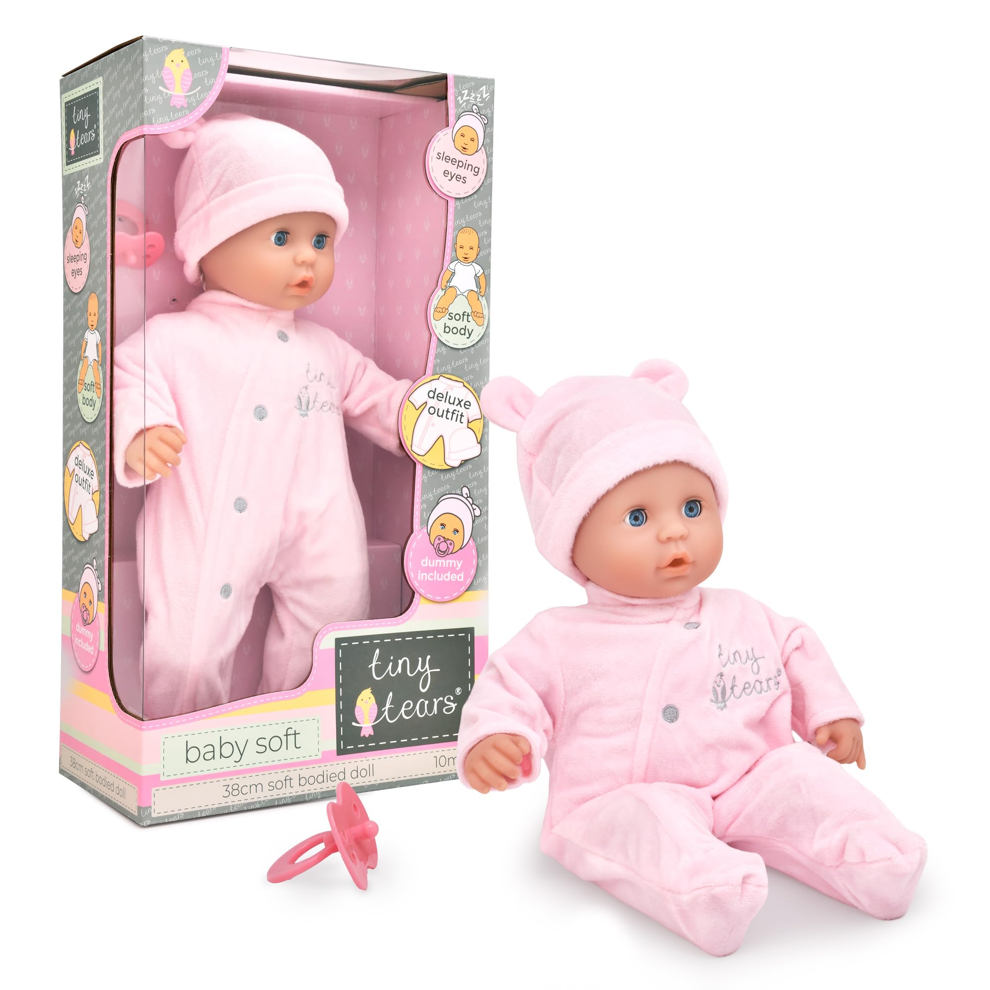 John Adams Tiny Tears Baby Soft Doll 15" (38 cm) - Pale/White Skin | Soft Bodied Baby with Closing Eyes & Dummy | Deluxe Pink Outfit | Cuddly First Doll Set | Toy for Toddlers Age 10 Months+
