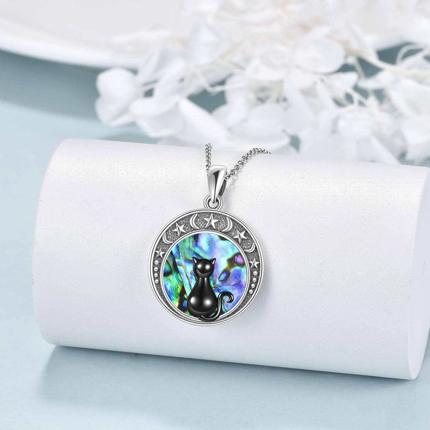 YAFEINI Black Cat Necklace for Women 925 Sterling Silver Abalone Moon Cat Jewelry Gifts Christmas - Image 3