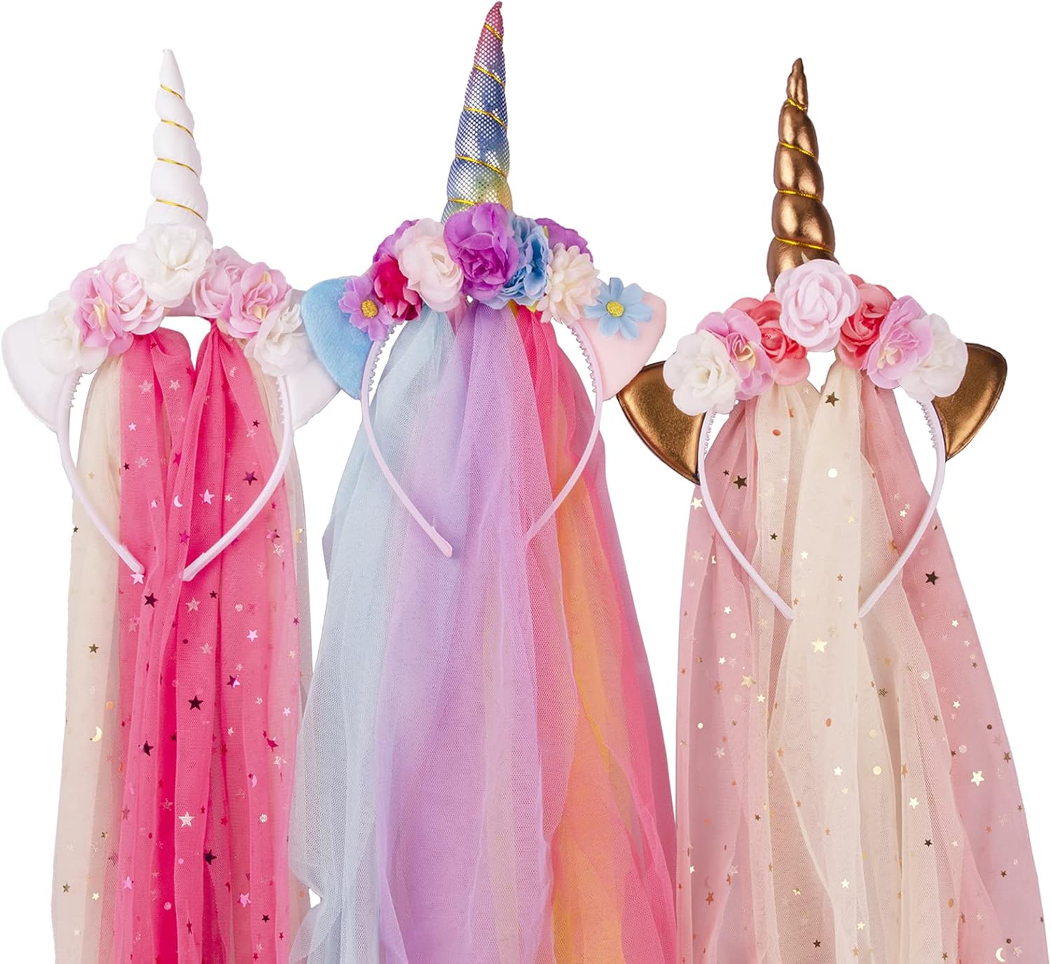 Little World 3 Pack Unicorn Headband - Rainbow/Rose Gold/White Horn with Tulle, Unicorn Decorations for Birthday Party, Gift Idea for Easter