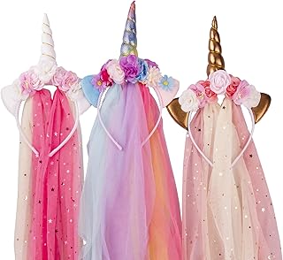 3 Pack Unicorn Headband - Rainbow/Rose Gold/White Horn with Tulle, Unico...